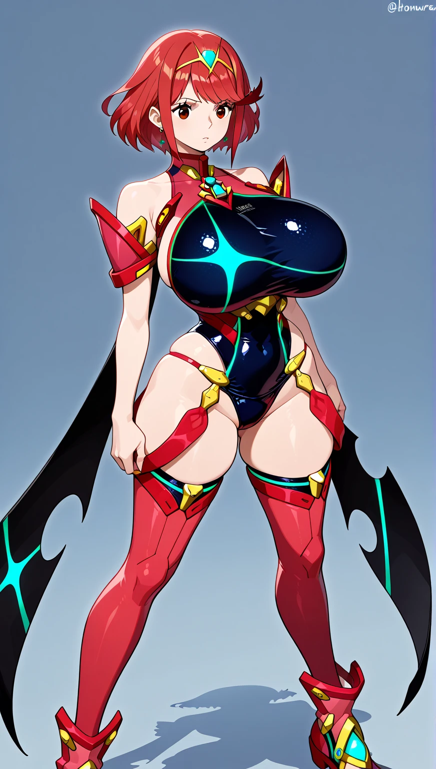 pyra \(xenoblade\), teen_1girl, loli, bangs, black gloves, breasts, red eyes, shout, earrings, eyelashes, fingerless gloves, floating hair, , gem, gloves, hair ornament, headpiece, jewelry, big_breasts, leaning back, swimsuit, neon trim, official art, pose, red hair, saitou masatsugu, short hair, sidelocks, skin tight, solo, swept bangs, thighhighs, tiara, fantasy_town_background, underbust, xenoblade chronicles \(series\), (xenoblade chronicles 2), (spread_legs:1.1), fire_effect,dynamic_pose,fighting,light_smile, (plump:1.1), big_ass,huge_sword, hold_large_sword_hilt, covered_nipples, covered_pussy, fists,ponytail,beautiful_fingers,(solo:1.1), bare_shoulder,(shoulder_naked:1.2)