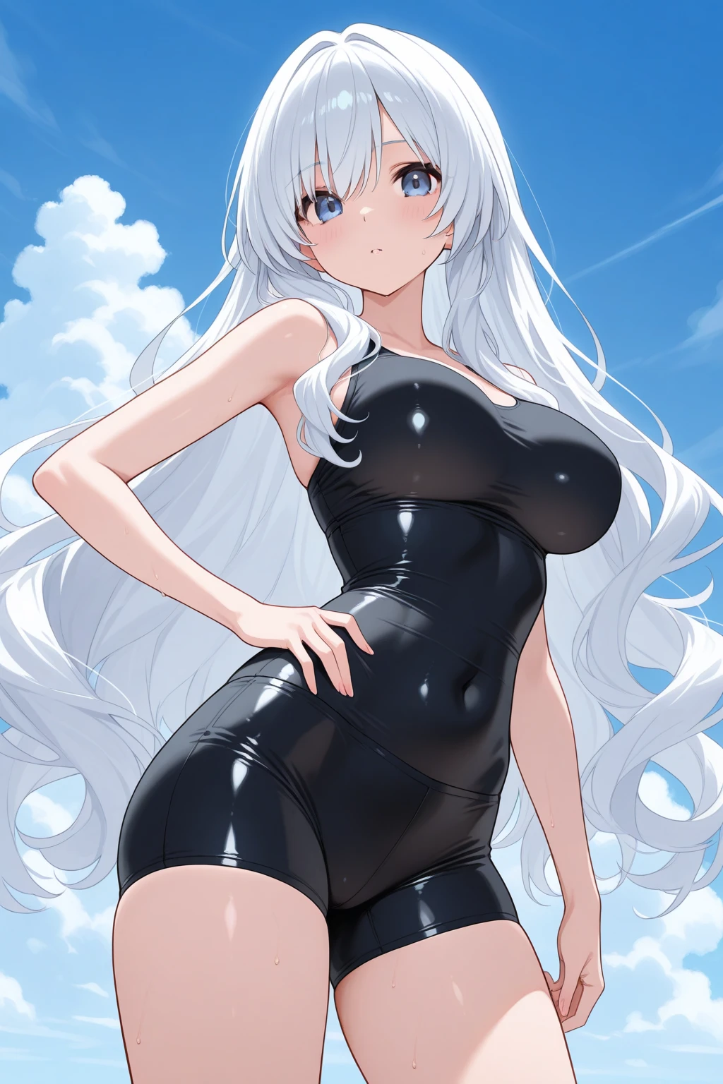 Ocean, Silver Hair, blue eyes, Dark Skin, Sweat, Wet Skin, water, White Sports Bikini, Folded ponytail, sexy, Big Breasts, Huge breasts, Chubby, sunset, whole body, whole bodySweatだく,bukkake, Dark Skin,smile,girl trembling with sexual climax,