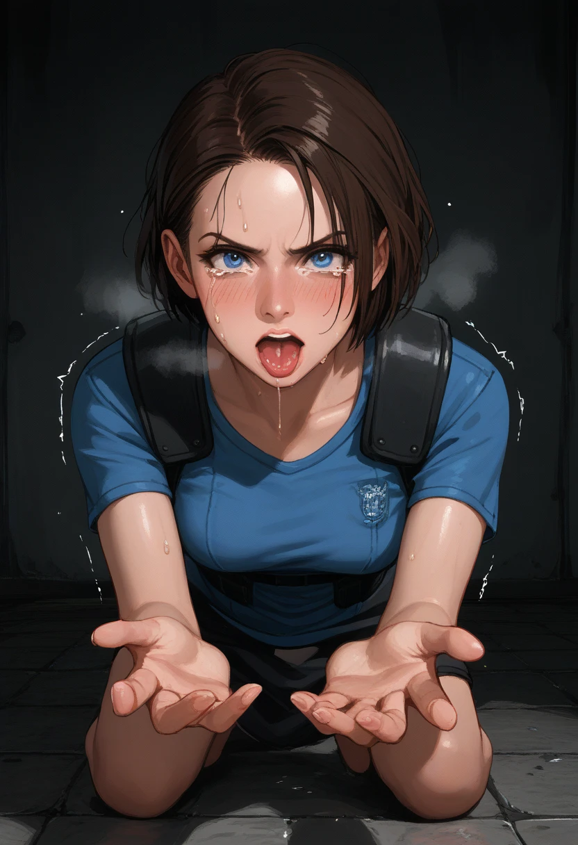 ,NSFW,best quality, ,scowl,((many boys touch the girl breast))(JillValentine) blue tube top,black mini skirt, suspenders, harf up black hair,