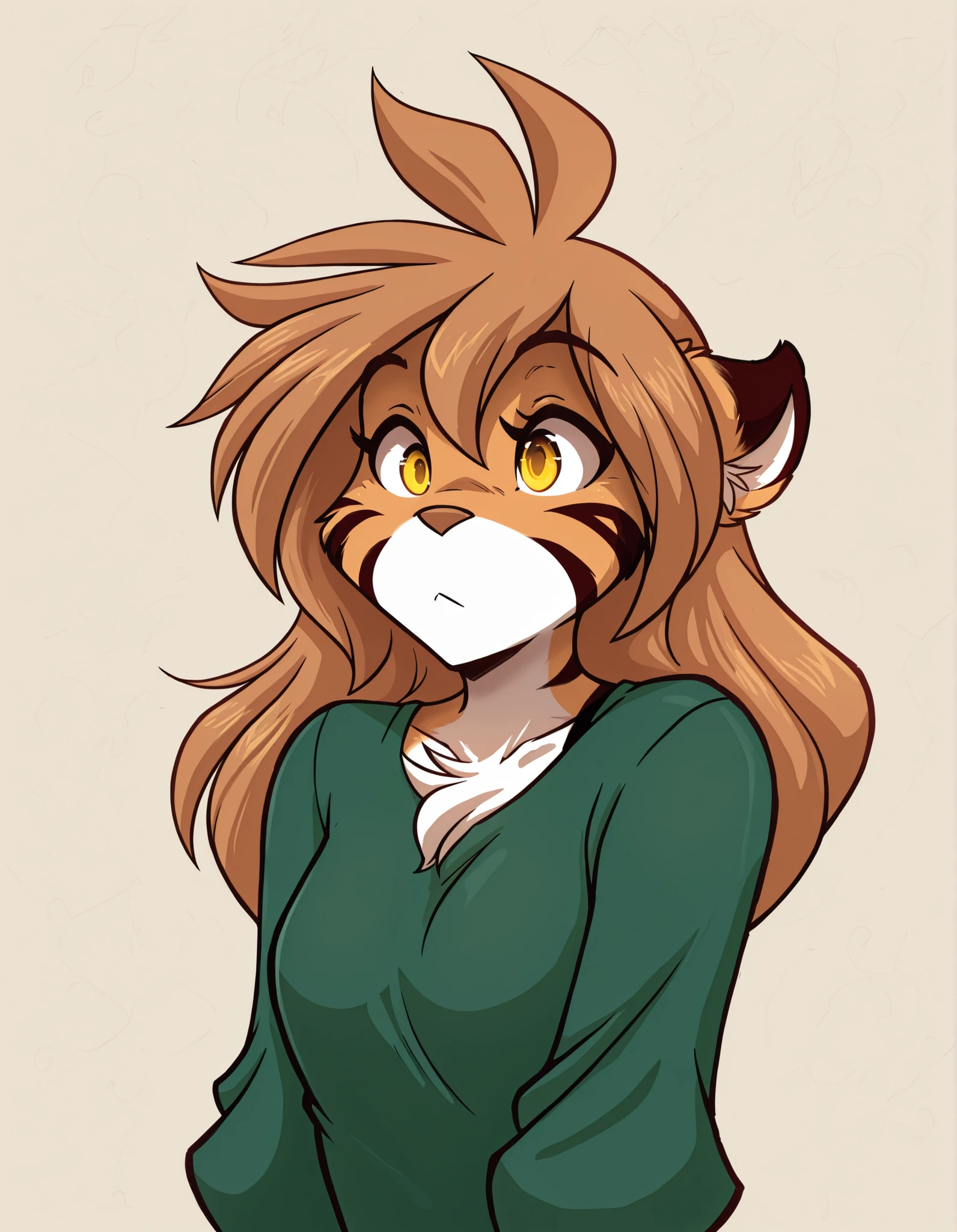 TR00L005TY13,, masterpiece, best quality, very aesthetic, 1girl,, furry, solo, flora-twokinds, flora_twokinds,, tiger, striped fur, keidran, yellow eyes, anthro,, green shirt