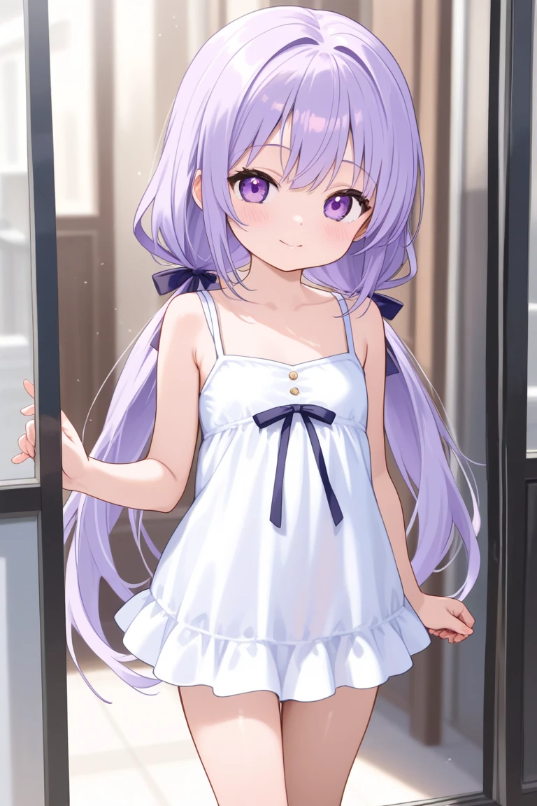 white chemise、Armpit、bare_shoulders、wink、one_eye_closed、a smile、in one's underwear only、