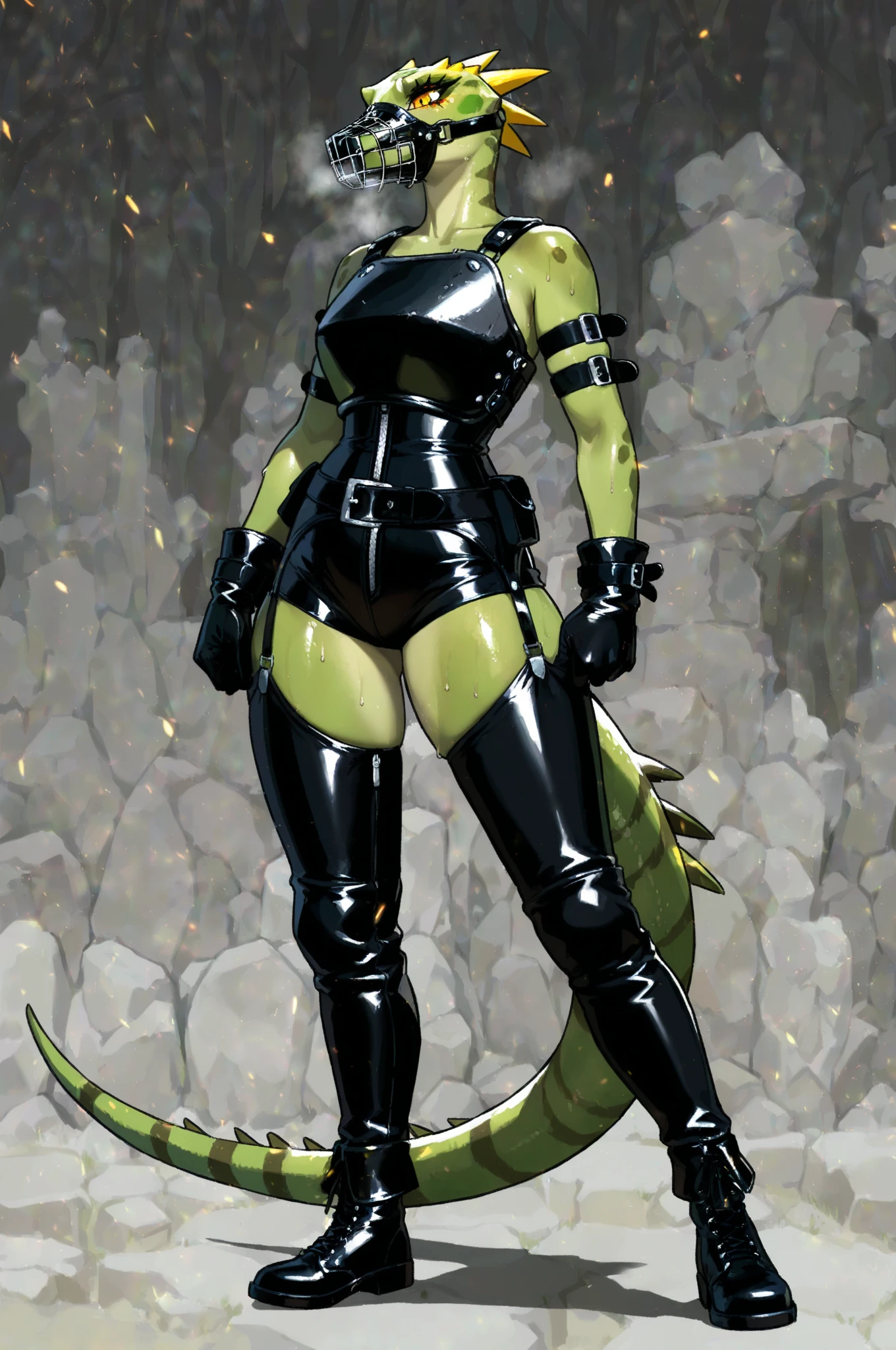 3d, godzilla chan, long hair, reptile tail, giantess, towering over a city, massive breasts, green short hair, red eyes, on a street