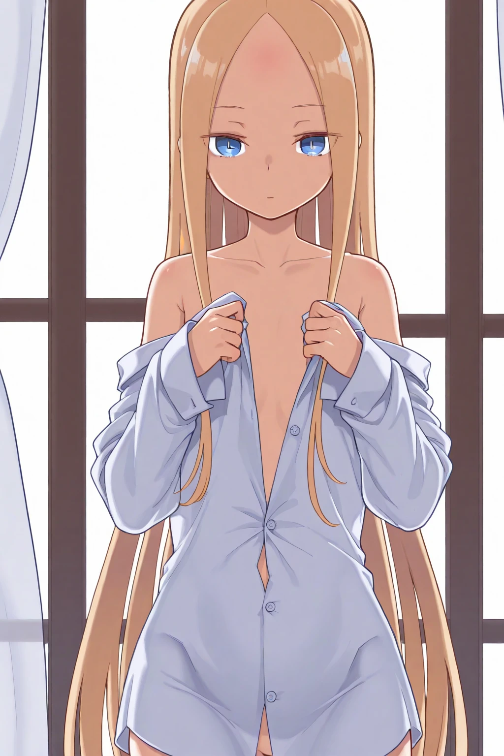 ((best quality)), ((masterpiece)), (detailed), perfect face, 18yo teen girl, skinny waist, skinny thighs, school corridor, braid, (blushing:1.3), dark blue pleated skirt, (((embarrassed:1.5))), (((topless))), ((slender body)), small breasts, ((bare neck)), ((blonde)), walking