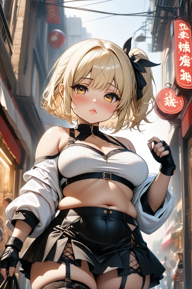 masterpiece, best quality, highres, (1girl), solo, blonde hair, medium hair, asymmetrical hair, floating hair, hair between eyes, high ponytailorange eyes, open mouth, smile, teeth, choker, red choker, pendant choker, butterfly choker, collarbone, tattoo, chest tattoo, flower tattoo, medium breasts, thighs, red chinese clothes, in street