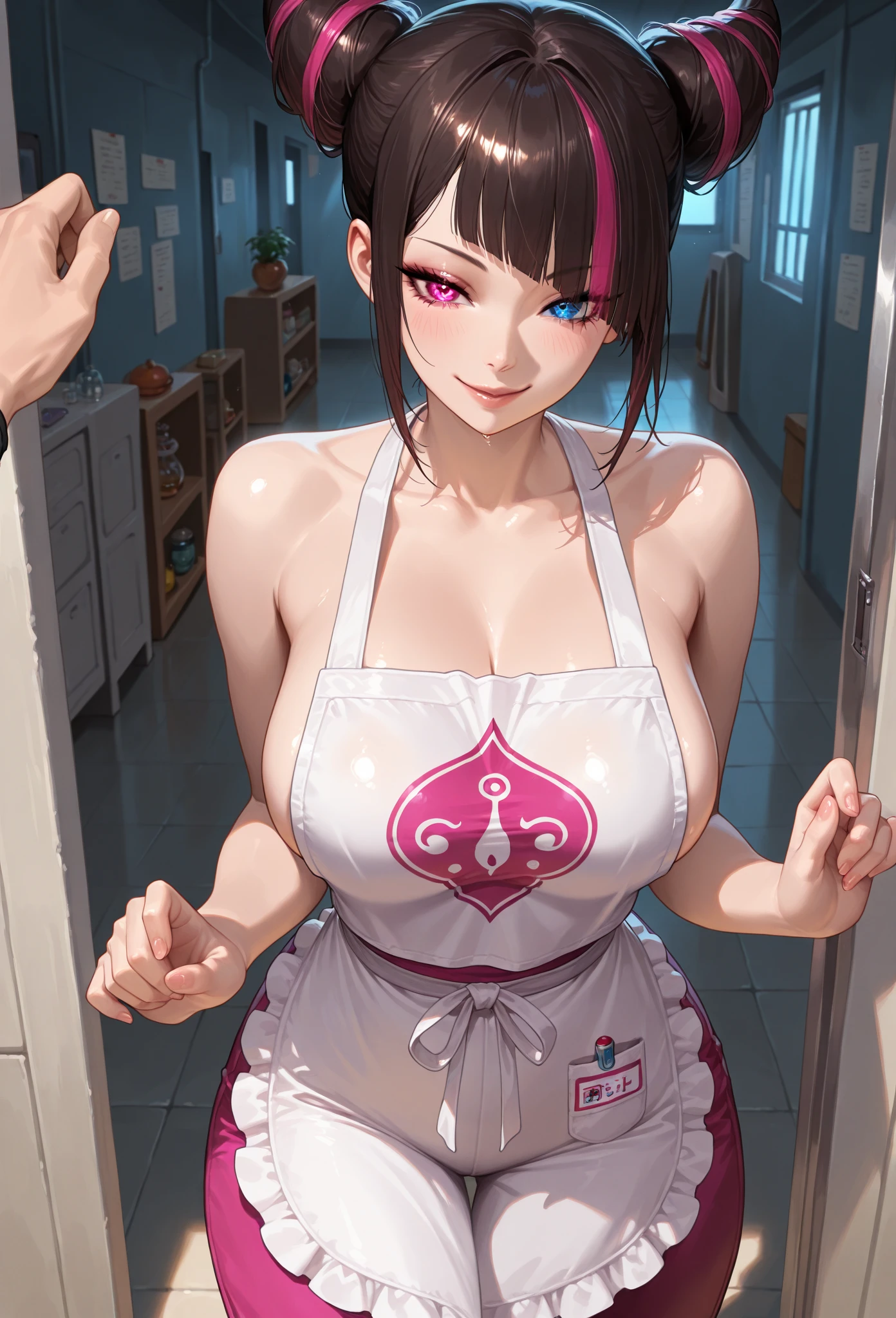 ULTRA REALISTIC MASTERPIECE,Nursery School Courtyard、Nursery teacher's clothes、 apron、top quality, great quality, very aesthetic, Newest, solo focus, 1girl, Human, Juli Han, Focus of gaze, Heterochromia, seductive smile, cybernetic luminous eyes, lab, very high resolution for karate competitions,