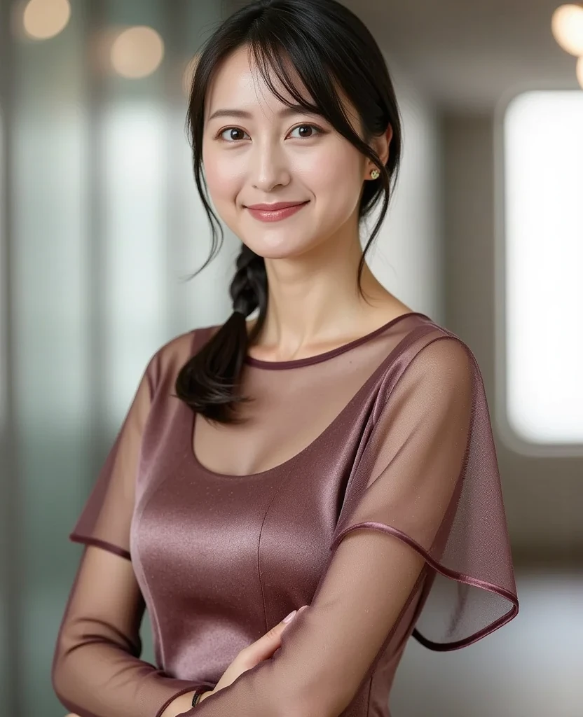 (she is a Photorealistic beautiful doctor:1.15), ((sexy pose:1.4)), (Standing posture:1.2), (big tits:1.1), ((She's wearing a doctors white coat over (black :1.1) in the exam room:1.3)), black , (doctor in a white lab coat:1.1), (Doctor's attire), masutepiece, Best Quality, Ultra-detailed, finely detail, hight resolution, Perfect dynamic composition, Beautiful detailed eyes, mid-chest, Natural Color Lip, Random and sexy poses, Smile, 48 years beautiful women, Examination room, stethoscope, Ultra-realistic capture, Highly detailed, High resolution 16k close-up of human skin. Skin texture must be natural, With such detail that pores can be finely identified. Skin should look healthy, In a uniform tone. Use natural light and color、a Japanese actress in her 48s with a bewitchingly beautiful appearance、