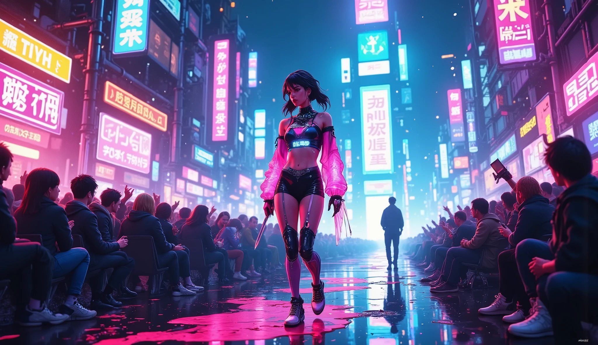 anime,Cyberpunk,Поп-идол в стиле Cyberpunk в неоново-подсвеченном костюме на футуристической сцене, holographic fans welcome. behind the scenes, in a gloomy alley, she moves away from her body, , holding a glowing blade. Neon lights reflected in blood on the pavement. high-tech cityscape, rainy atmosphere, neon pink and blue colors, synthwave color palette.