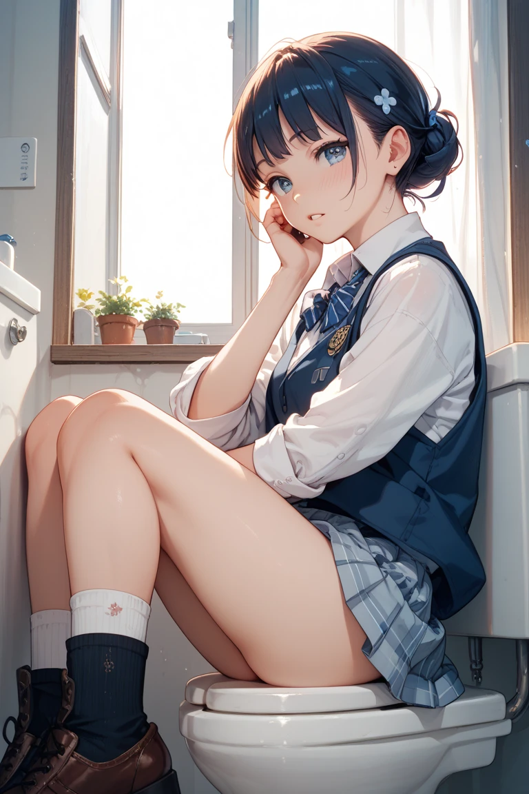 (msfw:1.4), (Realistic, photo Realistic:1.2), ((Highest quality)), Shift the center of gravity backwards, Quite embarrassing, White panties, (Showing panties:1.4),Tight Skirt, (Panty shot:1.3), (Roll up your skirt:1.3), (Squat:1.4), (Spreading pussy:1.2), Place your heels on the ground, Please spread your legs a little, Squat with your knees up, Attach your butt to the ground, Black Penny Loafers, Beautiful facial details, Real human skin, Gentle expression, Front view, angle From below, Realistic, photoRealistic, cute, Short skirt, Squat deep on school grounds, cute school girl, Semi-long hair, Lustrous brown hair, Braided hair, Japanese school girl uniform, Sailor suit, whole body, smile, 自然なsmile, cutesmile, 魅惑的なsmile, (Looking at the audience:1.2), from before, From below,