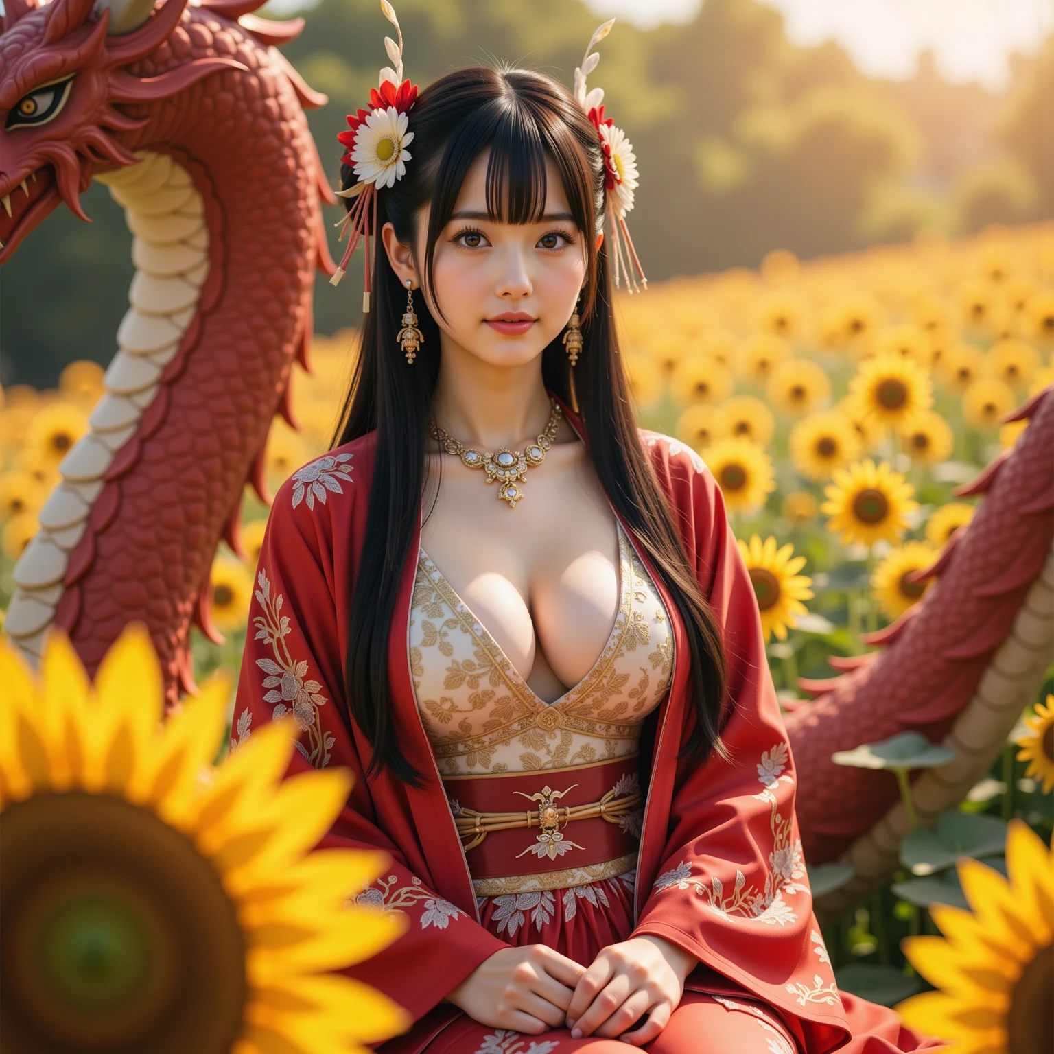 (Fight fiercely with dragons)、top-quality、​masterpiece、超A high resolution、（White Dragon Armor）、dragon armor、(Wearing a beautiful crown made of jewels),(Photorealsitic:1.4)、Raw photo、女の子1人、Golden hair、glowy skin、(((Chinese Dragon)))、（Gorgeous Jewelry Necklaces）、（Mystical expression）、（Fight big dragons）、With a beautiful knife、（White Metal Bodysuit）、(beautiful forest background)、Precipitous cliffs、(Small LED)、((super realistic details))、portlate、globalillumination、Shadow、octan render、（One-Eyed Scouter）、8K、ultrasharp、Colossal tits、Raw skin is exposed in cleavage、metals、Details of complex ornaments、Japan details、highly intricate detail、Realistic light、CGSoation Trends、Red Eyes、radiant eyes、Facing the camera、neon details、(Mechanical limbs)、(blood vessels connected to tubes)、Mechanical vertebrae attached to the back、mechanical cervical attaching to neck、(Wires and cables connecting to the head)、Gundam、Small LED、,Mechanical thighs、Toostock、（Hands are also made of machines）、（veils）、