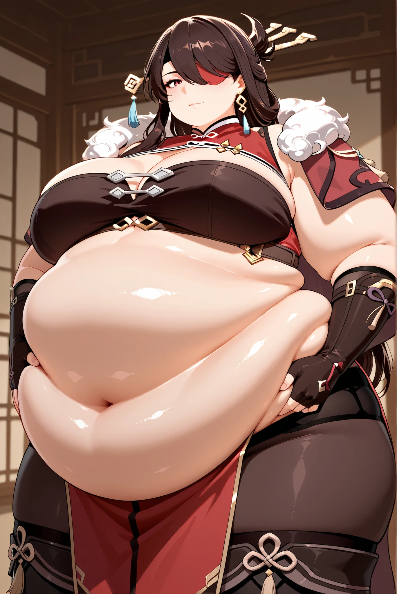 (best quality, masterpiece), (eye focus, face, close-up:0.4), blush, (smile:0.7), fat 1girl, solo focus, bangs, white background, durch angle, side, head tilt, jewelry, bow, horn, obese body, 
, (fantasy, red theme:1.3), multicolored, gradient
, perspective