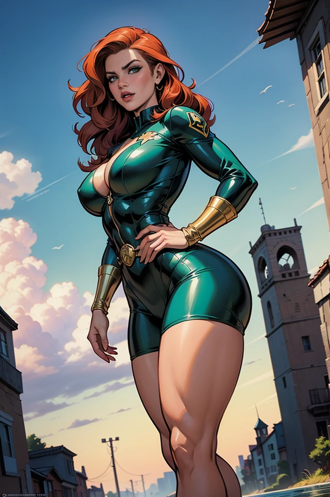 Oil painted slightly chubby white woman. Her face is also slightly chubby. Her body is floating in space .She is wearing a dark green body suit.. She has short blonde hair. She has her mouth open breathing heavily. She is on the verge of death. She is grabbing her neck. Full body view. Bare foot
