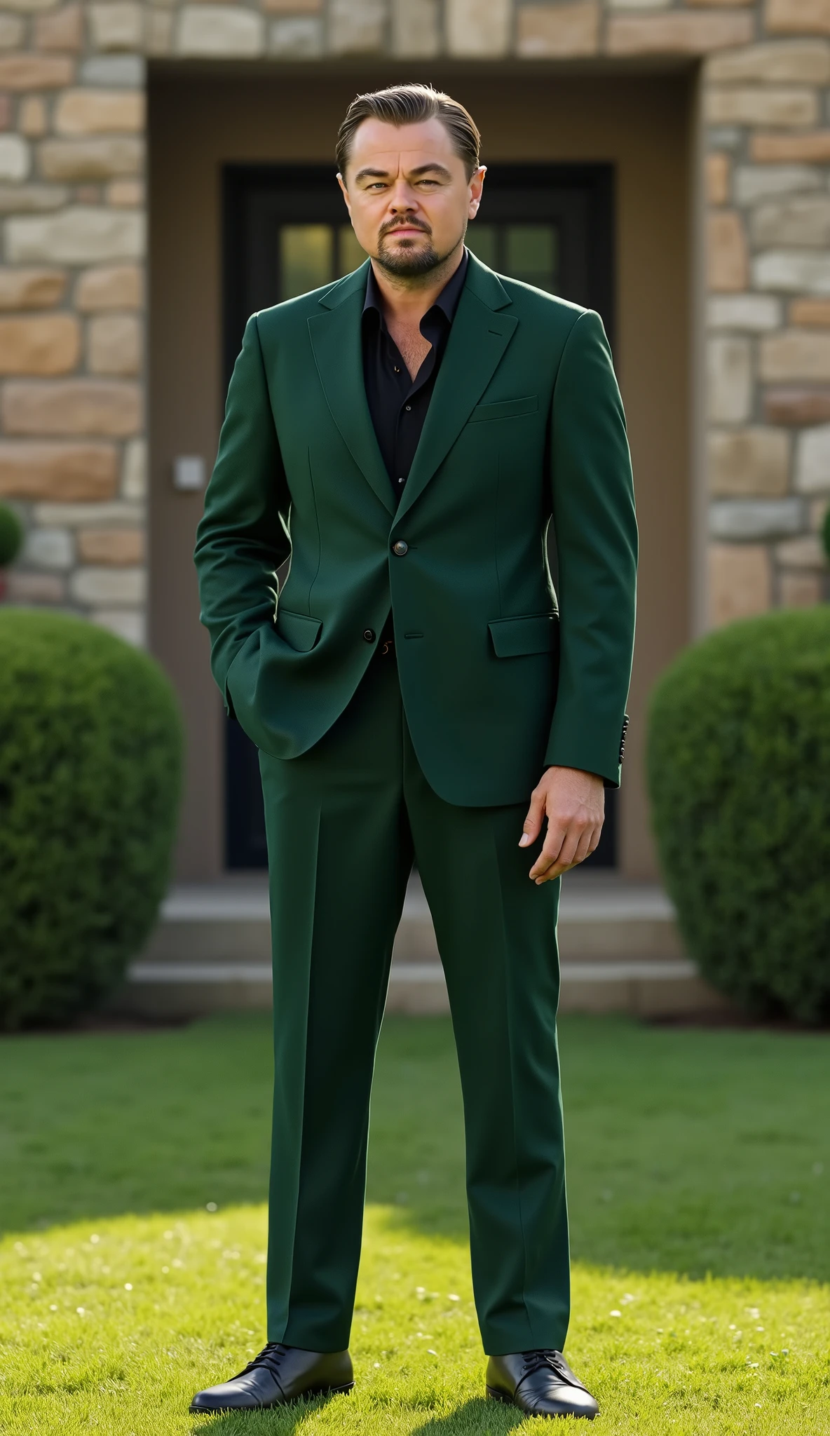 Leonardo DiCaprio in a sleek dark green luxury suit with minimalist ninja-style cut, no mask, standing in front of a modern green-toned villa with stone walls, trimmed bushes, and rich green lawn under soft natural light, hyper-realistic