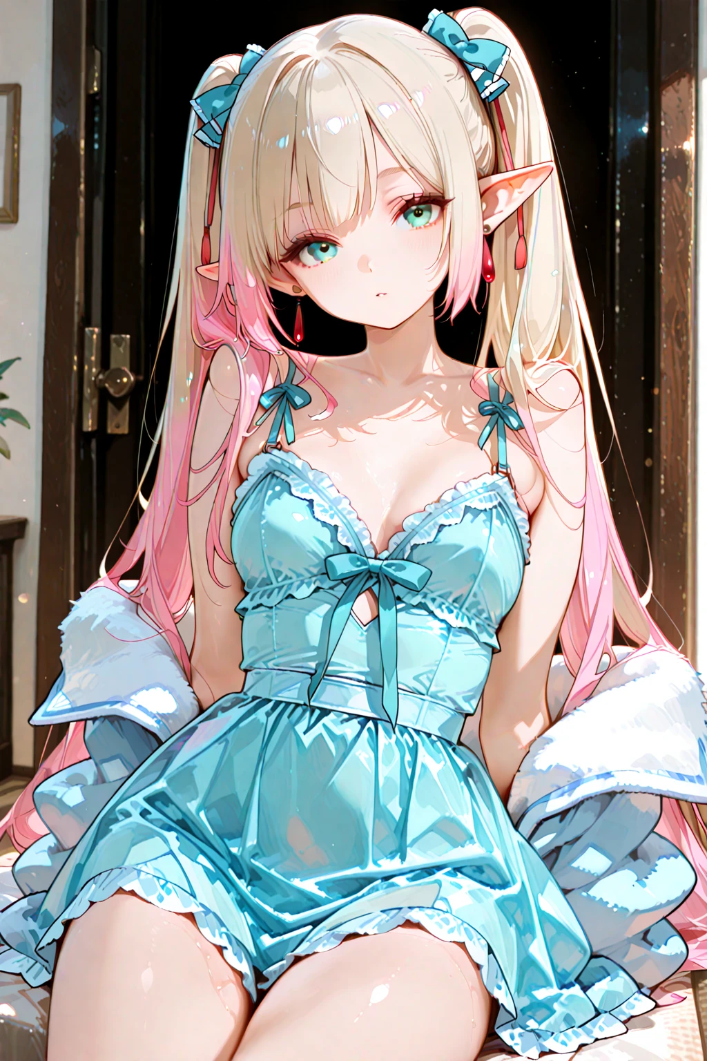 (((Masterpiece, Best quality, High definition, High detail))), ((fantasy)), ((Cute elf little girl)))), Chubby, (Blonde hair with long straight hair), (Bright light blue big eyes), (White lace lingerie，White color blouse), Smile shyly, Tilt your head, ((Small breast)))), Sitting on a white bed in the hotel，Forked legs，Holding urine，Blushing，Raise your legs with your hands，