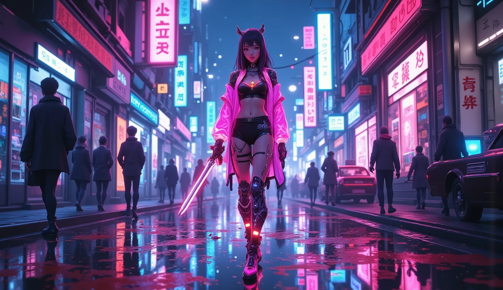 anime,Cyberpunk,Поп-идол в стиле Cyberpunk в неоново-подсвеченном костюме на футуристической сцене, holographic fans welcome. behind the scenes, in a gloomy alley, she moves away from her body, , holding a glowing blade. Neon lights reflected in blood on the pavement. high-tech cityscape, rainy atmosphere, neon pink and blue colors, synthwave color palette, back