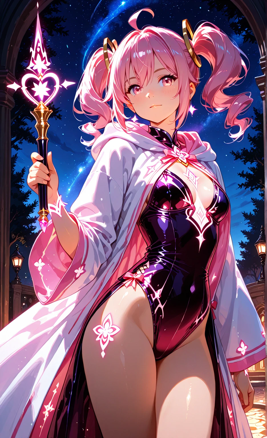 Her skin is purplish-pink, her eyes are blue, and her hair is light brown. She wears black high-heeled shoes and a pink slip under her black cloak. SPARKLE; GLITTER