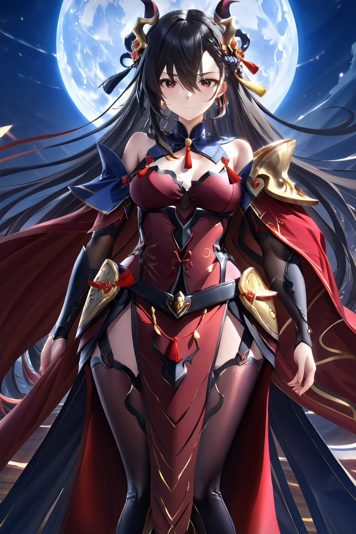 highest quality、Nice sexy body、One Woman、solo、(Beautiful busty woman:1.5)、Medium hair woman、((Woman with dark red hair))、A woman dressed in a RPG character costume、smile、Sexy pose、light up、Observatory、Night view