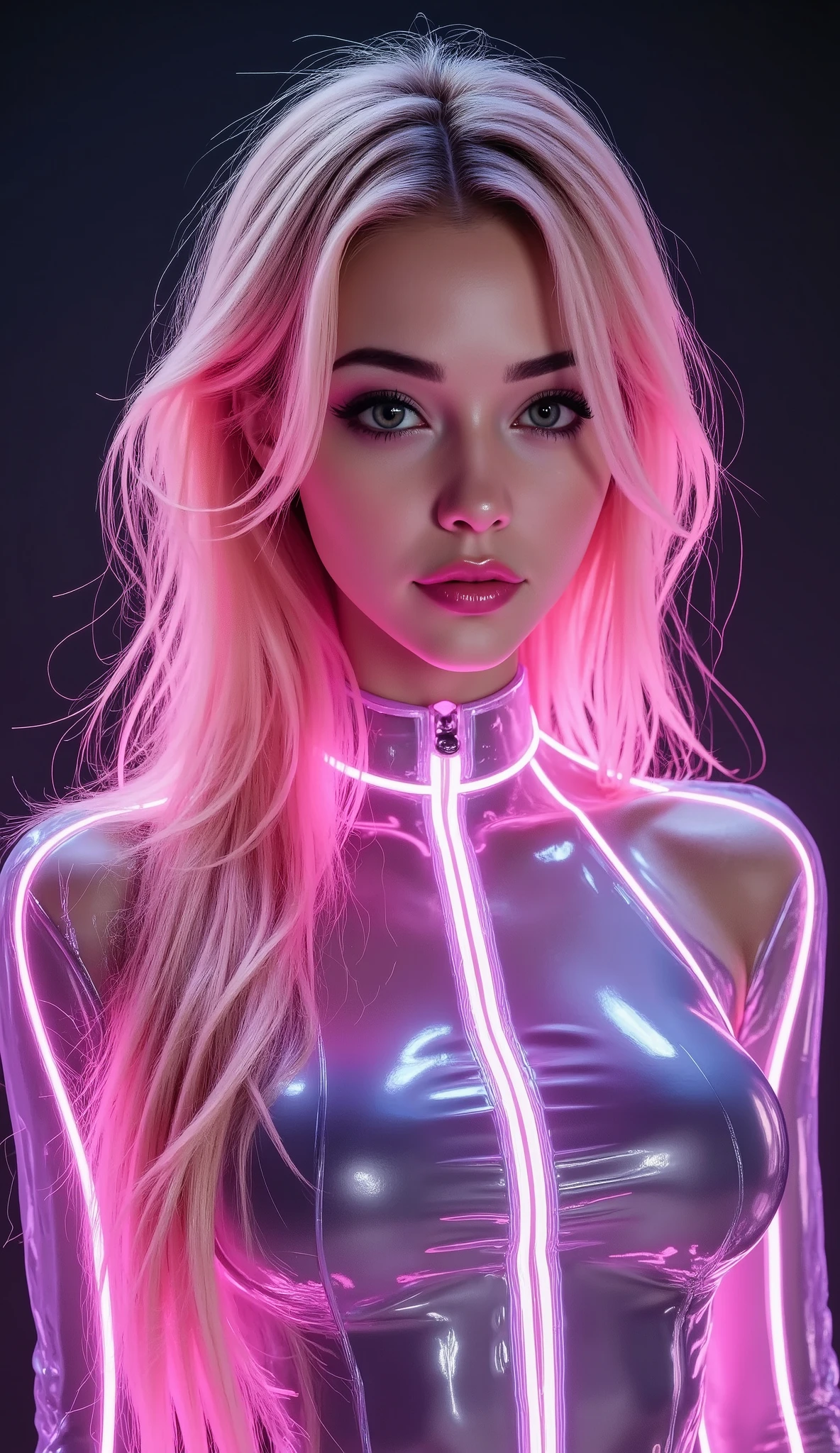  [Style: "masterpiece, realistic (photorealistic Realism),ultra-detailed, high resolution" - "(ultra quality, intricate ultra-detailed digital art)"](Key Directive: - ("The priority is the anatomical accuracy and texture of the materials" - "Ultra-sharp human eyes with biological accura)"{Character: "Beautiful Girl" | Eyes: - "((sharp focus, not blurry eyes, high resolution, Realistic brown eyes:1.4),intricately detail:1.35),((extremely fine details eyes))((extra narrow eyebrows))(extremely fine details pupils),(extremely fine details of iris:1.3),((Vibrant eye digital art:delicately painted in mesmerizing array of colors:1.3))" wearing makeup: - "(professional makeup:1.3),(pink_makeup),(Thin eyebrows),Carefully draw Long eyelashes:1.25,((perfect dark_eyeshadows:1.35)),detailed lips:1.3,(apply glossy red_lipstick:1.35)" | Hair: "pink long (neon light diffraction patterns)" {{Super tight, long sleeve leotard made of ultra-thin transparent rubber 、 small leotard that fits perfectly to the body 、 very small ren leotard with a width of only 2 cm、My chest is deformed by a very tight leotard}}, {perfect female body ((Beautiful long legs in good style:1.35)), ((no bra, no panties:1.3)), (medium butt), (skinny body build)]}, Lighting: - "Cinematic clarity and global illumination" (Rendering engine: "Unreal Engine 5 path tracing, 16K texture maps")