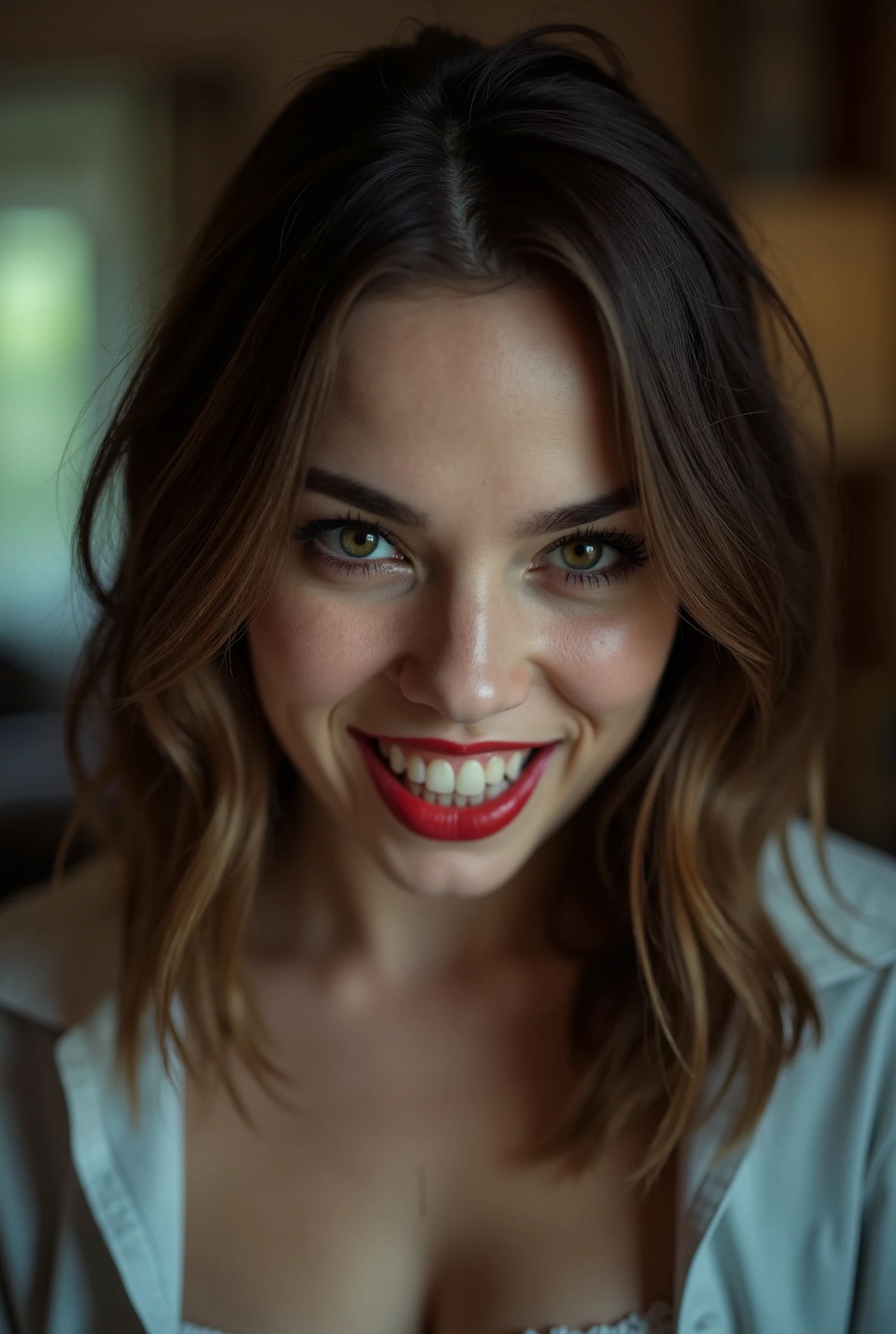 Photoreal, medium shot of a casually dressed young woman in her apartment, staring directly at the viewer with a sadistic, menacing expression. Her eyes burn with cruel satisfaction, her lips curled in a tight, hostile smirk. She radiates dominance and quiet threat — confident, unflinching, dangerous. Her gaze is meant to intimidate, humiliate, and overpower. Natural lighting, high detail, intense emotional tension. The viewer feels weak, trapped, and psychologically crushed under her stare.