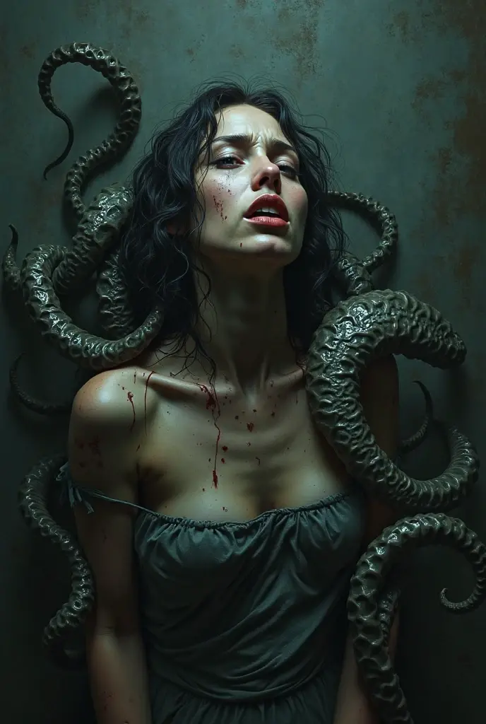Une déesse souffrante faisant face au spectateur, allongée dans un liquide ???? qui forme des monstres, elle y sombre.