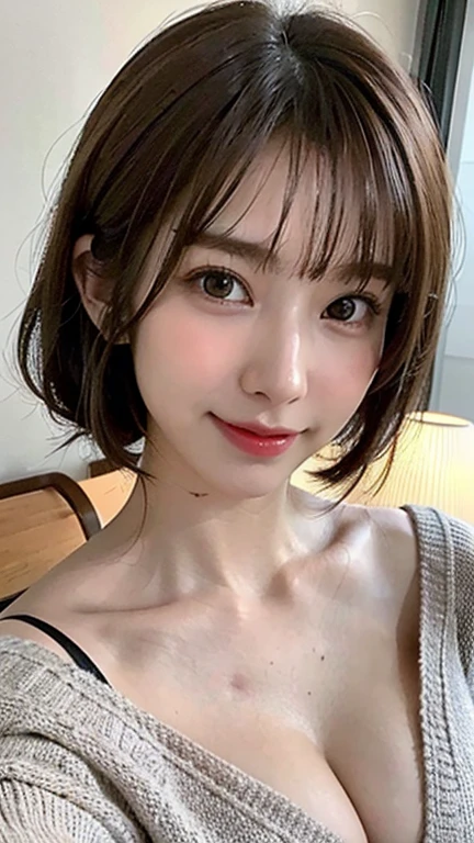 (masutepiece, Best Quality, Illustration, Ultra-detailed, finely detail, high resolution, 8K Wallpaper, Perfect dynamic composition, Beautiful detailed eyes, Women's Fashion,bob hair,Very short hair,Small bosom, natural color lip, Bold sexy poses,Smile,Harajuku、20 years girl、Cute、Sexy shot looking at camera, dimples, 🍑 peach, sophie_hatter 🎩)