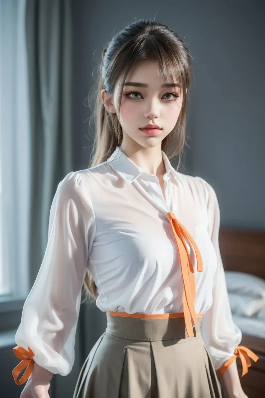 A woman who was and held captive、Sitting on the floor in a room with thin rope binding his arms and chest、((Hands behind back))、Wearing a short-sleeved blouse、Wearing a pleated skirt、Uniform eyeedium build、Well-proportioned、Small face、Small breasts、Back view、Show your whole body、 UHD, best quality, highres, 8k, textured skin