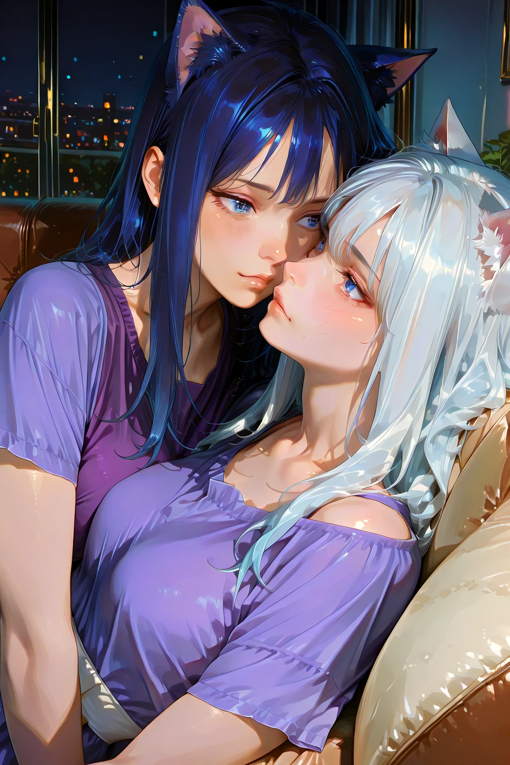 (Two-dimensional beautiful girl、highest quality, masterpiece, High resolution、Two female fighters hugging each other)、wonderful、((sweating 1.3))、(((kiss)))、((sweat evaporates around you))、very detailed,colorful,most detailed 、((Super detailed)), (Detailed CG illustration), ((very delicate and beautiful)),cinematic light、