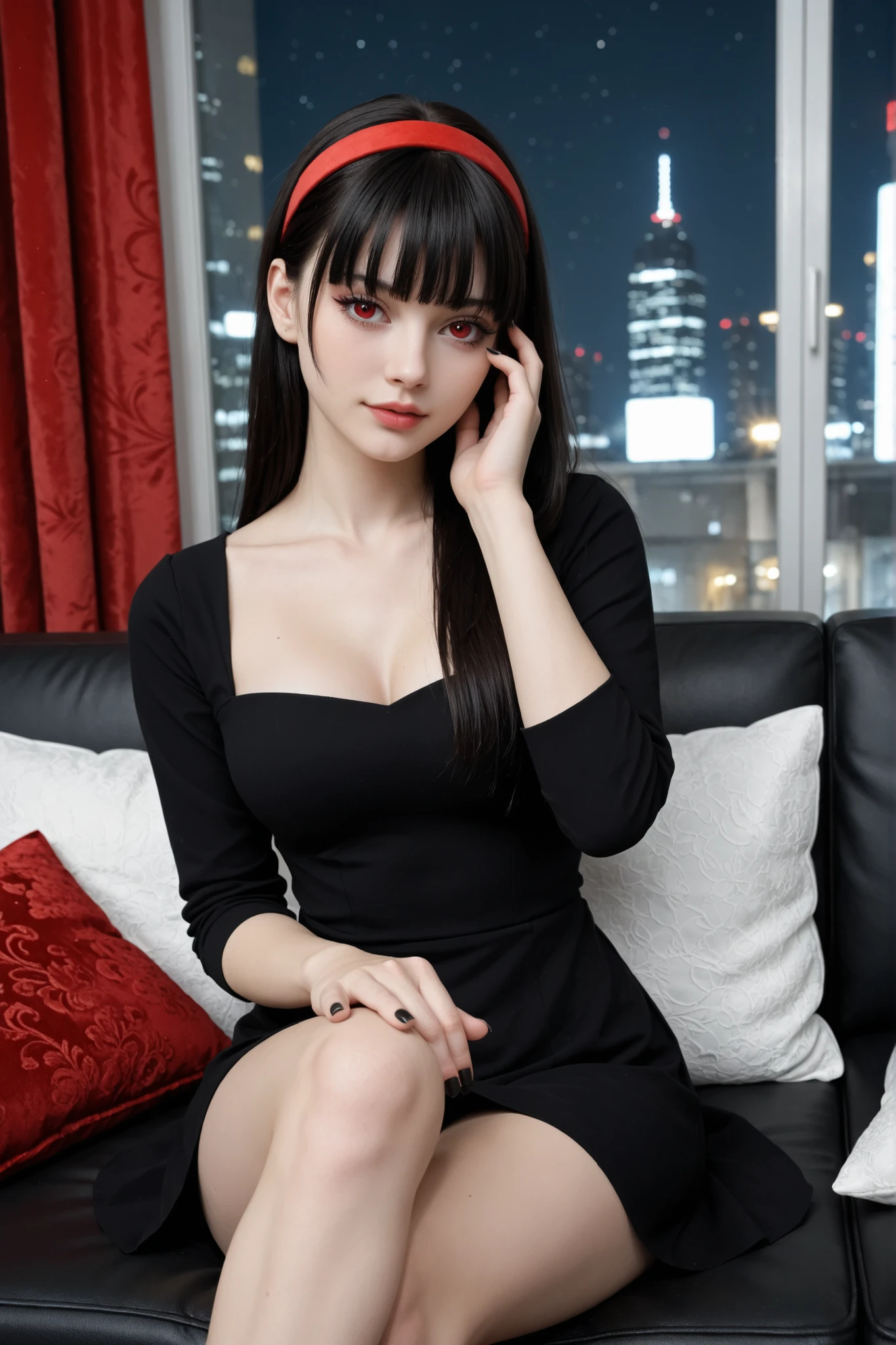 score_9, score_8_up, score_7_up, medium shot, 1girl, red eyes, European beauty, beautiful face, black hair, straight hair, red headband, blunt bangs, eyelashes, pale white skin, black sundress, short dress, collared dress, collarbone, bowtie, long sleeve, black nail polish, crossed legs, hand on own face, sitting, (red velvet curtain), black couch, city at night view, ambient light