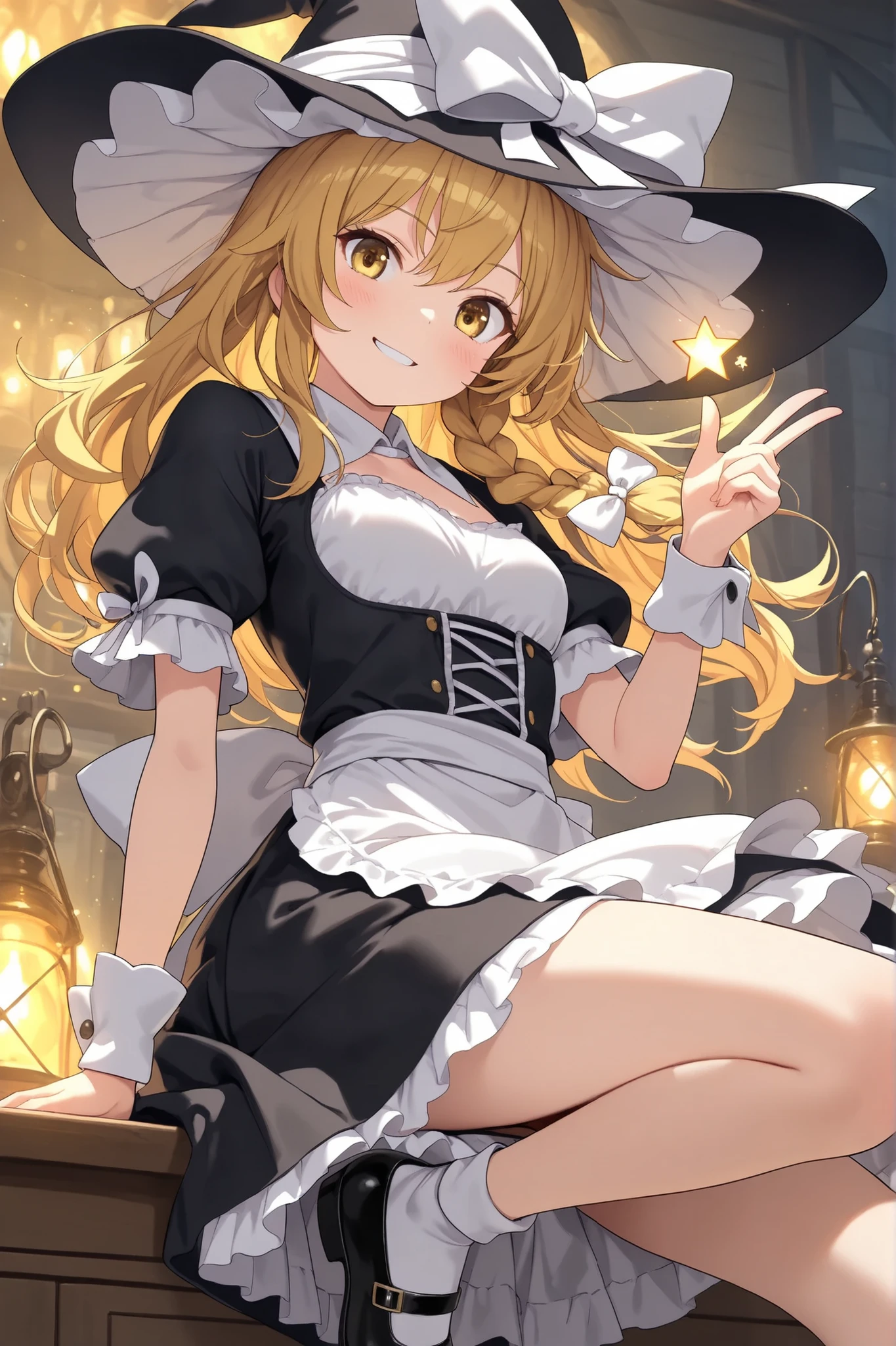 (Quality, 4k, A High Resolution, Masterpiece), Marisa Kirisame, smile, blonde hair, long hair, side braid, golden eyes, black witch dress, white collar, white cuffs, white apron-like front, black pointy witch hat, white ribbon on hat, black Mary Janes, making the rock and roll hand sign