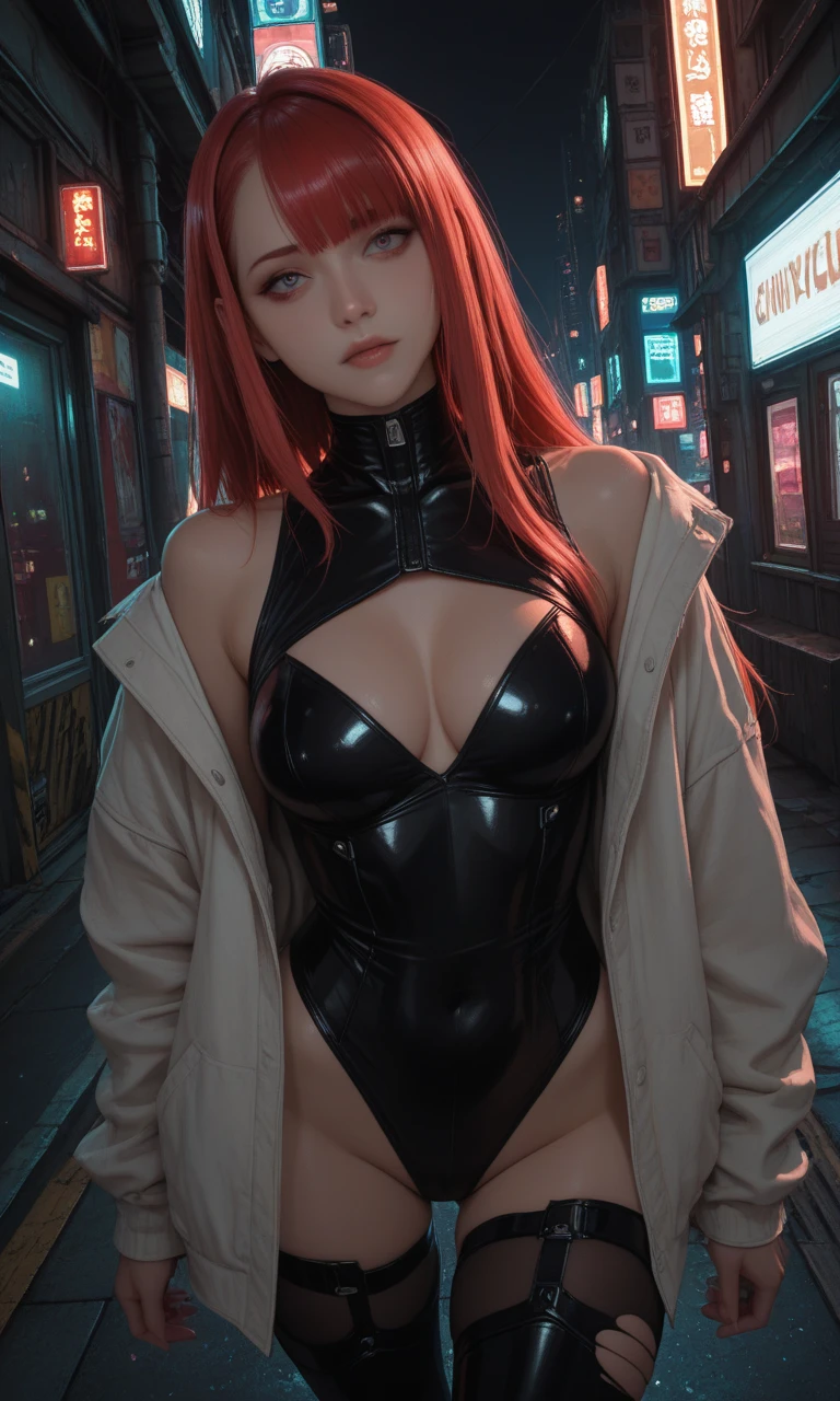 1 girl, solamente, (NSFW), (Cute 18-year-old red-haired girl with two tails), multiple (Cabello luminoso de color arco iris: 1.2), ((cuerpo perfecto: 1.6)) (hermosos ojos detallados: 1.6), (Ojos fotorrealistas: 1.6), feliz y sonriente, Ucraniano, (Small gymnast body), ((Cuerpo de gimnasta, hermosos pechos redondos completos, Small head, manos delicadas: 1.6)), (Shy beautiful pose), (white pale skin), (dedo del pie de camello), ((See through the pastel purple cotton leotard: 1.6)), con (pantimedias lisas leotardo: 1.6), (Fondo estilo tron) hightech (Lente gran angular), Colorful neon lighting, ((cielo muy oscuro)), Futuristic city, Foto realista.