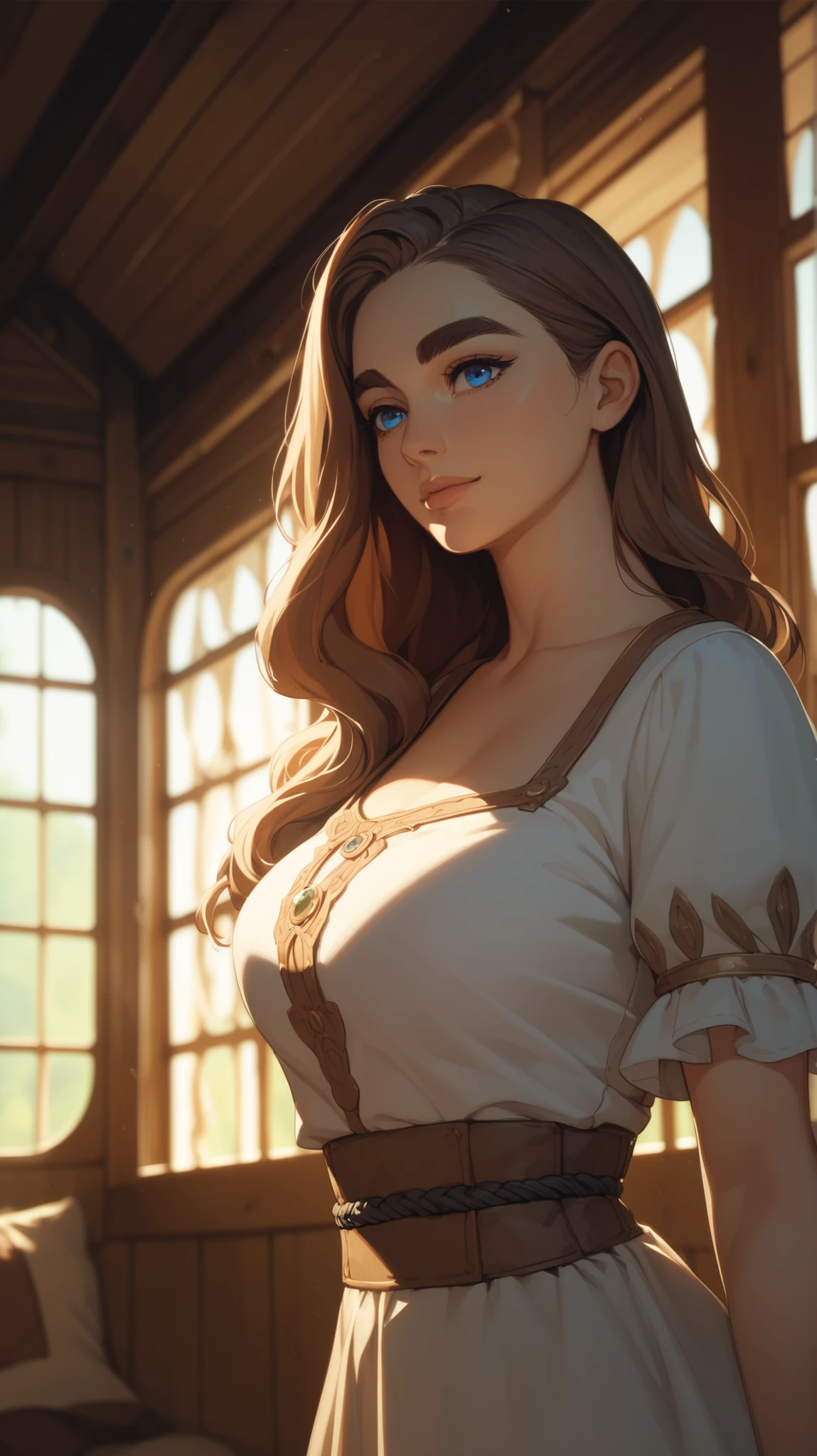 a beautiful young woman with long brown hair, stunning blue eyes, delicate facial features, wearing a blue and white outfit, standing in a lush forest setting, (best quality,4k,8k,highres,masterpiece:1.2),ultra-detailed,(realistic,photorealistic,photo-realistic:1.37),detailed eyes,long eyelashes,beautiful detailed lips,extremely detailed face,1girl,fantasy,pokemon,video game,character,game art,digital art,vibrant colors,natural lighting,cinematic composition