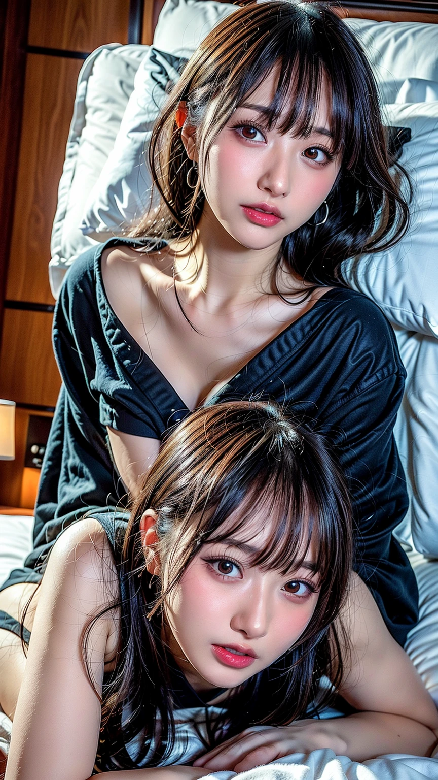 Perfect teeth alignment,Tongue licking,(highest quality,masterpiece:1.3,超High resolution),(Very detailed,Caustics,8k),(Realistic:1.4,RAW shooting),18-year-old,Japanese,Cute black long hair,forward leaning posture,Chest-up shot,Ultra-high definition 8K,highest quality,Very detailedな,Detailed skin texture,Scattered beneath the surface,(blush:0.5),masterpiece,Realistic,Rich details,Photographic realism,Very detailedな環境,Very detailedな照明,Very detailedな詳細,Photographic works,Painful expression,cry,目を開けてcry,(Lying in bed:1.5),Looking at the camera,Top view angle,,Natural light, bare skin above collarbone, Shoulder Bare Skin, masterpiece, highest quality, High resolution, View your viewers,(Face Focus:1.1),(Face close-up:1.1),