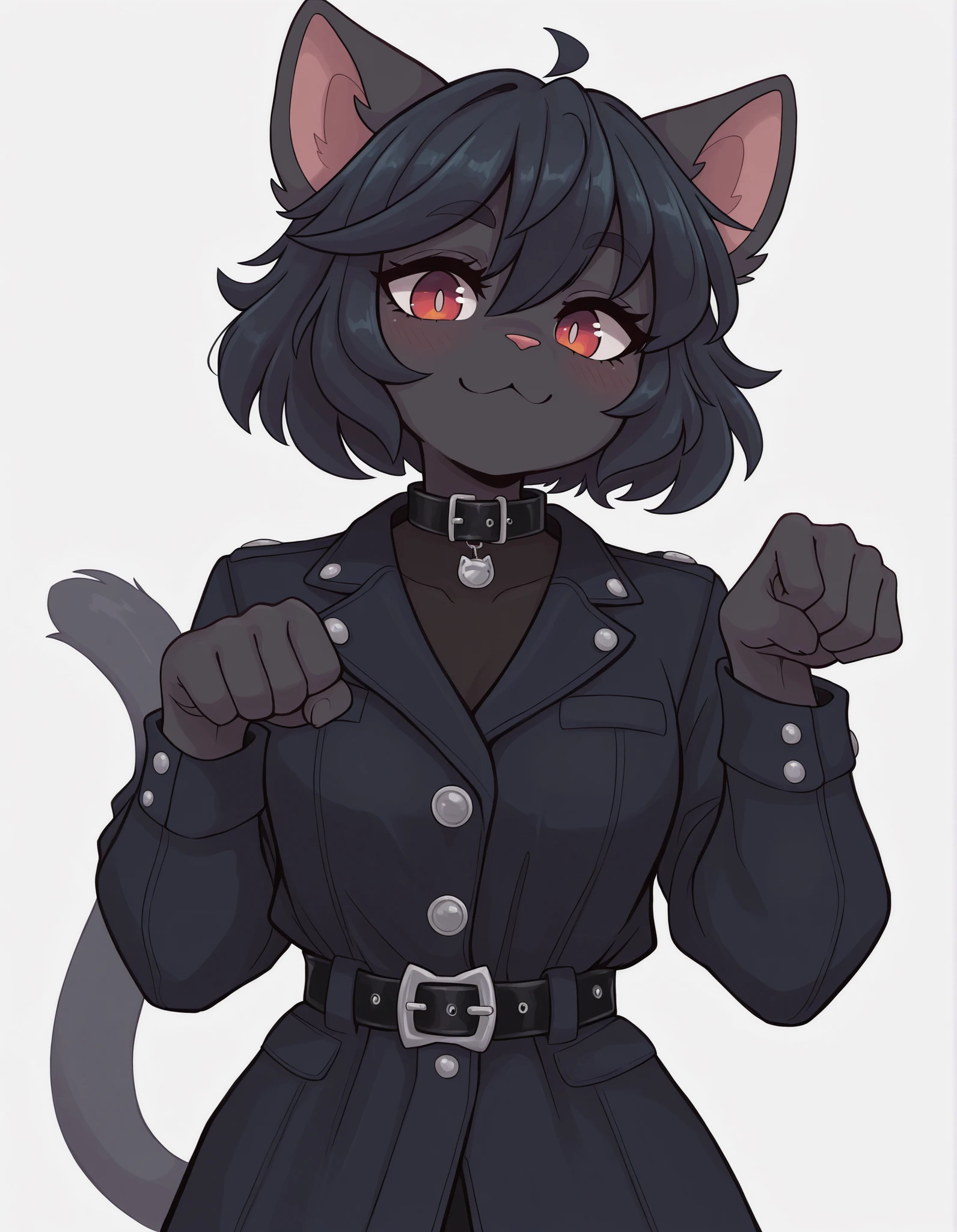 TR00L005TY13,, masterpiece, best quality, very aesthetic, 1girl, solo, white background, looking at viewer, portrait, paw pose, :3, furry female, cat girl, animal ears, black hair, short hair, black skin, red eyes, cat tail, black jacket, buttons, long sleeves, black belt, collar, masterpiece, best quality,