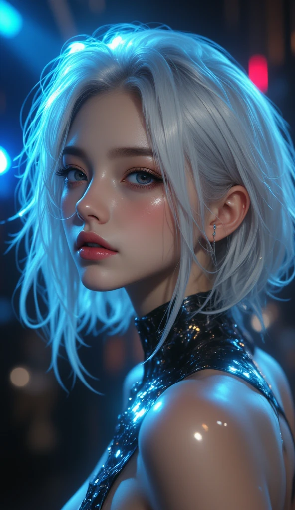 1Girl, Solo, Girl dressed up as Spider-Man, super fine illustration, an extremely delicate and beautiful, Best Quality, sky blue eyes, Silver-haired hair, Realistic eyelashes and double eyelashes, Cute, Lovely, graceful, Glow, glaring, glittering, radiant, sparkling, Magical, Dreamy, captivating, ethereal, mystical, afterlife, celestial, futuristic. street background