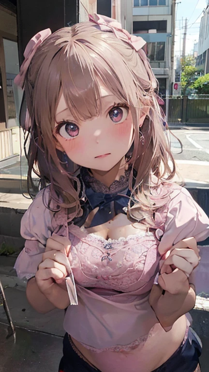 (Masterpiece, BestQuality:1.3), (ultra detailed:1.2), (hyperrealistic:1.3), (RAW photo:1.2), High detail RAW color photo, professional photograph, (Photorealistic:1.4), (realistic:1.4), (Pink Hair:1.5), professional lighting, perfect anatomy, (Big Breasts:1.2), (blush, detailed face), (A happy smile:1.7), Trending Hair&Trending Hairカラーをランダムに, earrings, necklace, bracelet, sexly, erotic sexly, Random sexy gravure poses, (A woman in a pink frilly dress、Smiling in the park with her hair blowing in the wind。With a ponytail hairstyle、One hand outstretched。:1.3)