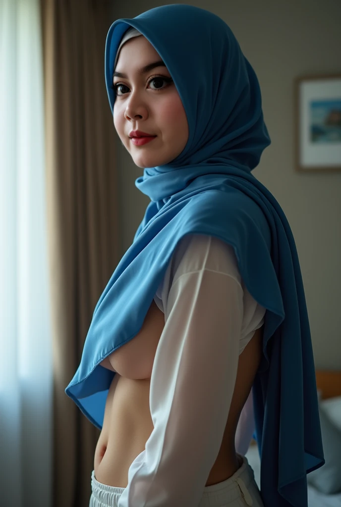 realistic high quality front full body photo of a beautiful nude irani woman wearing only blue head scarf with clearly visible large perfect breasts , huge pointy dark nipples with clearly visible pussy and with clearly visible full face at night.