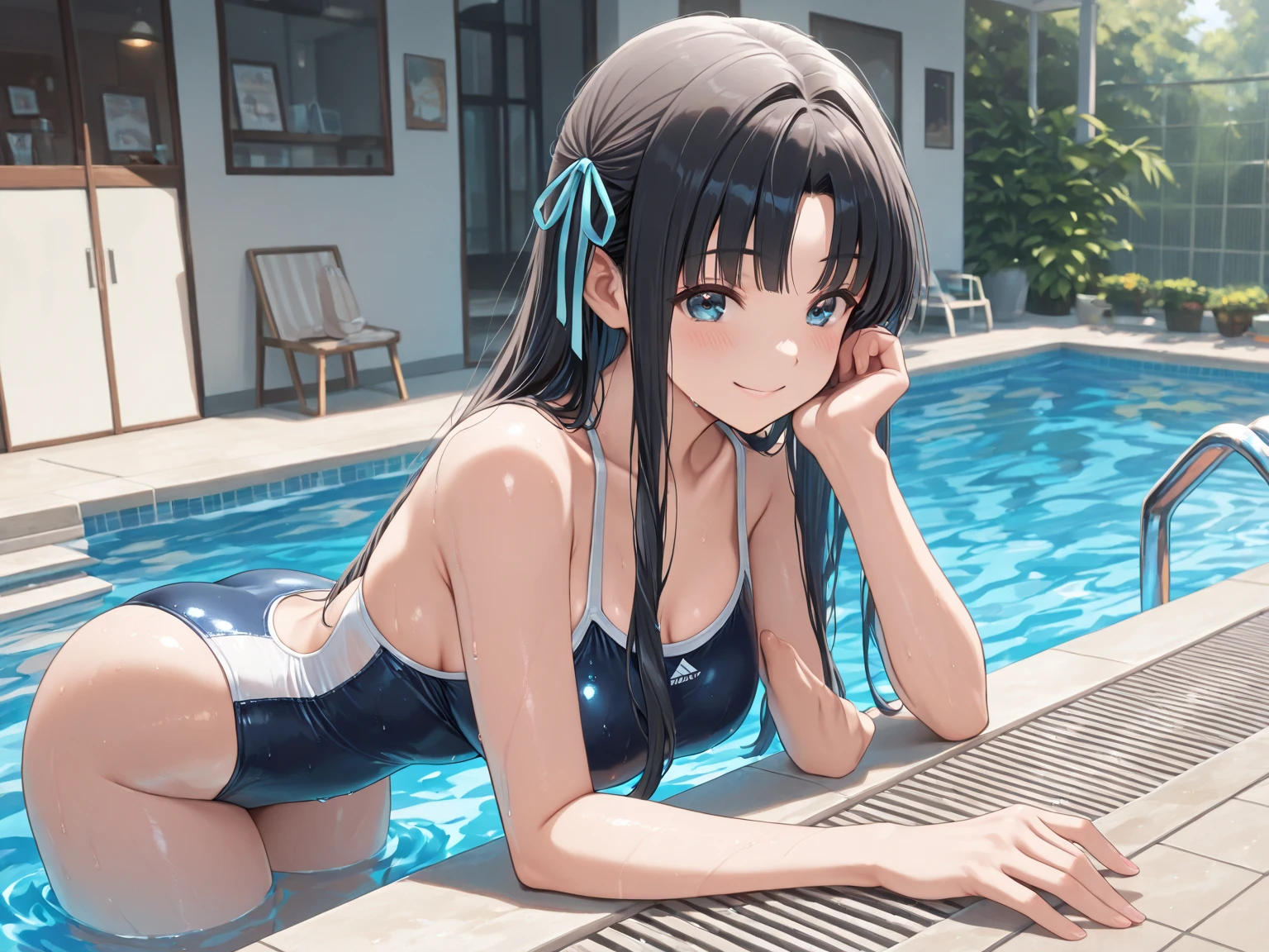 8k, (ultra-detailed:1.3, master piece:1.3, best quality:1.3, high resolution:1.3), (correct background), shoot from below, 18year old, High school students, 1 girl, beautiful face, large and beautiful breasts, (slim waist), collarbone, Blue eyes, eyes in highlight, catch light eyes, specular highlight eyes, BREAK (long hair, black hair:1.3), BREAK (sit, own hugging legs), Laugh, BREAK (poolside, school swimsuit), high ponytail,