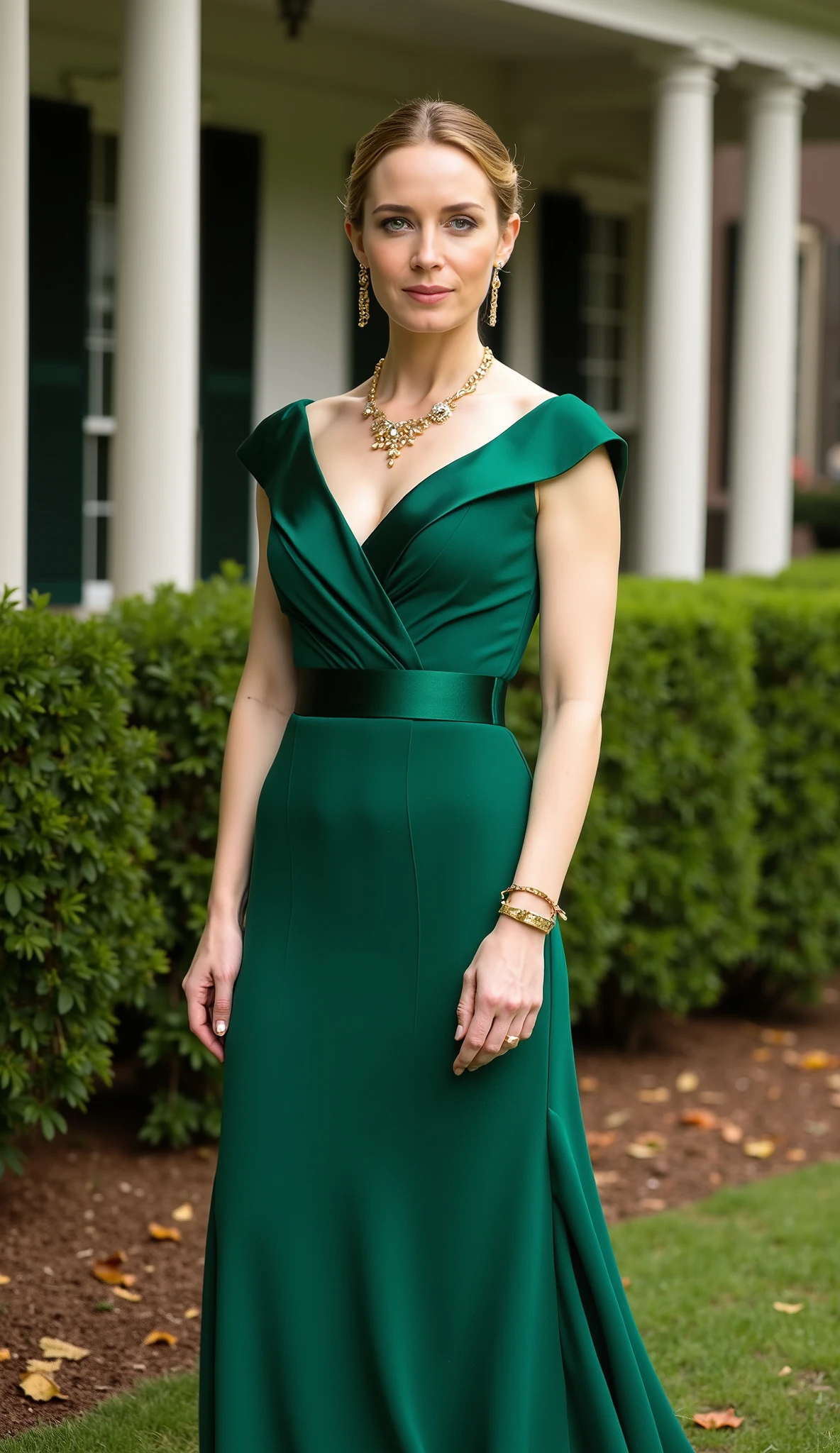 Emily Blunt in an emerald green evening dress with gold accessories, standing in front of a colonial American-style house with a wooden porch, lush mini forest around, tall grass and scattered autumn leaves, elegant cinematic vibe foco na **cintura pra cima**