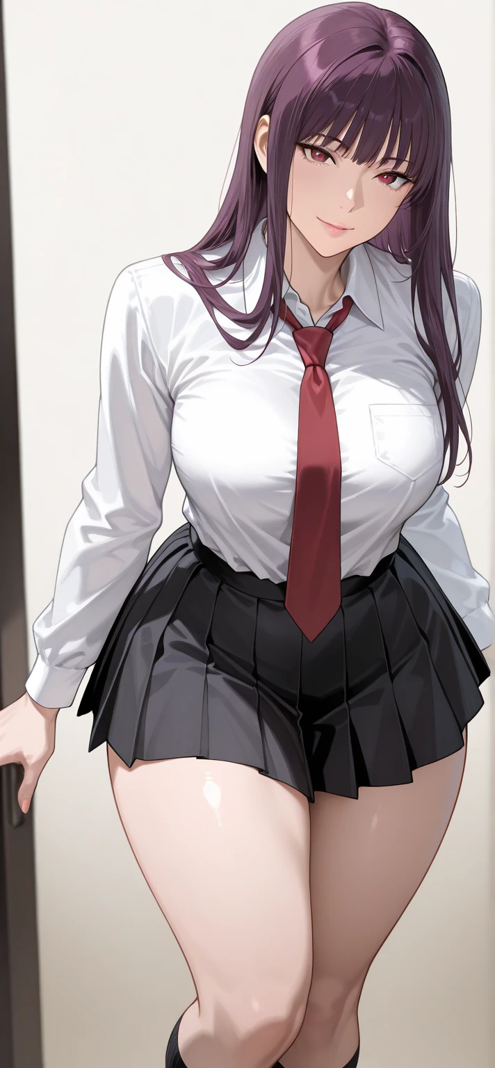 Highest quality, High resolution,  Pixel Perfect, 4K, (Beautiful Anime Girls), (Perfect hands:1.5), (Perfect Fingers:1.5), Written boundary depth, Observe the audience, Perfect body, yuigahama yui, Brown eyes, Detailed eyes, Single hair bun, (Big Breasts:1.2), Red ribbon, White shirt, Black jacket, Check skirt, School classroom, smile, blush, (Lift up the skirt:1.5), (Wide pelvis:1.5), (Thick thighs:1.5), (Pink Panties:1.5), (A close-up of the crotch:1.5)