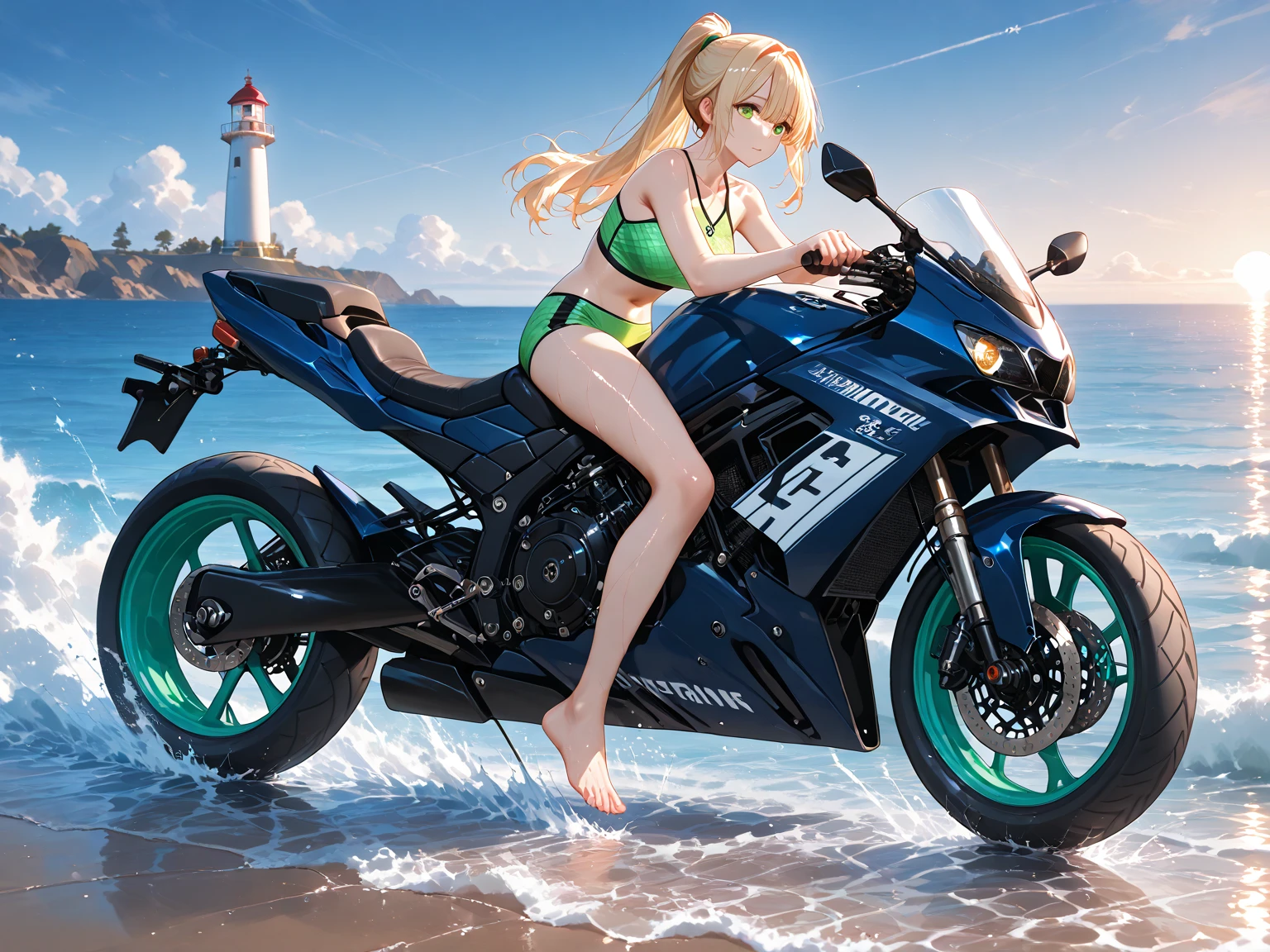top-quality、超A high resolution、女の子1人、Wearing a white swimsuit、(huge-breasted:1.2)、high-heels, Riding a pink motorcycle, Blonde short hair, , Photo, The background is the sea,Live action,japanes,独奏,Beautiful expression,White stockings,beautiful smiling face,perfect body type,blue-sky,Wave droplets,Red ribbon in hair