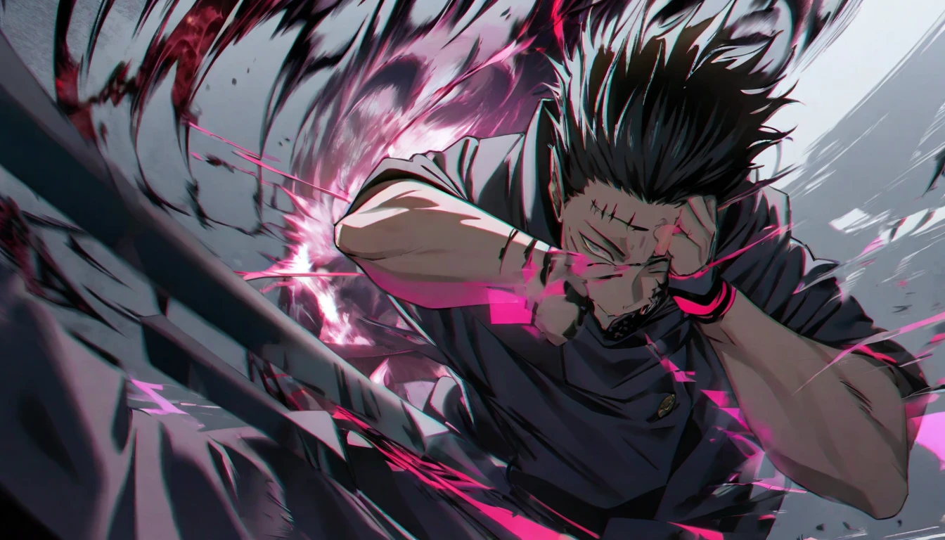 
---

"Create a dynamic and intense artwork featuring Yuji Itadori and Sukuna from 'Jujutsu Kaisen.' Yuji should be depicted in a powerful stance, with determination in his eyes, while Sukuna's malevolent presence looms behind him, embodying his sinister nature. Incorporate a glitch effect to symbolize the chaotic and unstable connection between them. Use sharp contrasts, fragmented visuals, and digital distortions to enhance the tension and complexity of their relationship."

---

