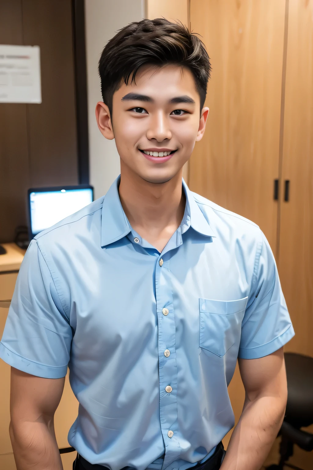18-year-old male、Japanese、handsome、Macho、Office Workers、short hair、facing the front、Smile Yan