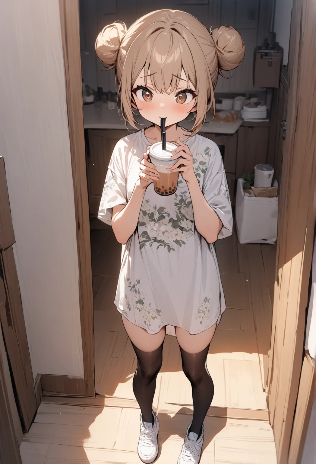 masterpiece, highest quality, High resolution, Horimiya、yoshikawa 、Blonde Short Hair、the body is slim、{front、From under the desk},{Pencil Mini Skirt, Bare feet and blue denim mini skirt、Lace panties are visible｝whole body、Cowboy Shot, indoor, {Sit deep in a chair｝, Holding a cup, coffee, Looking at the audience,Low - Angle