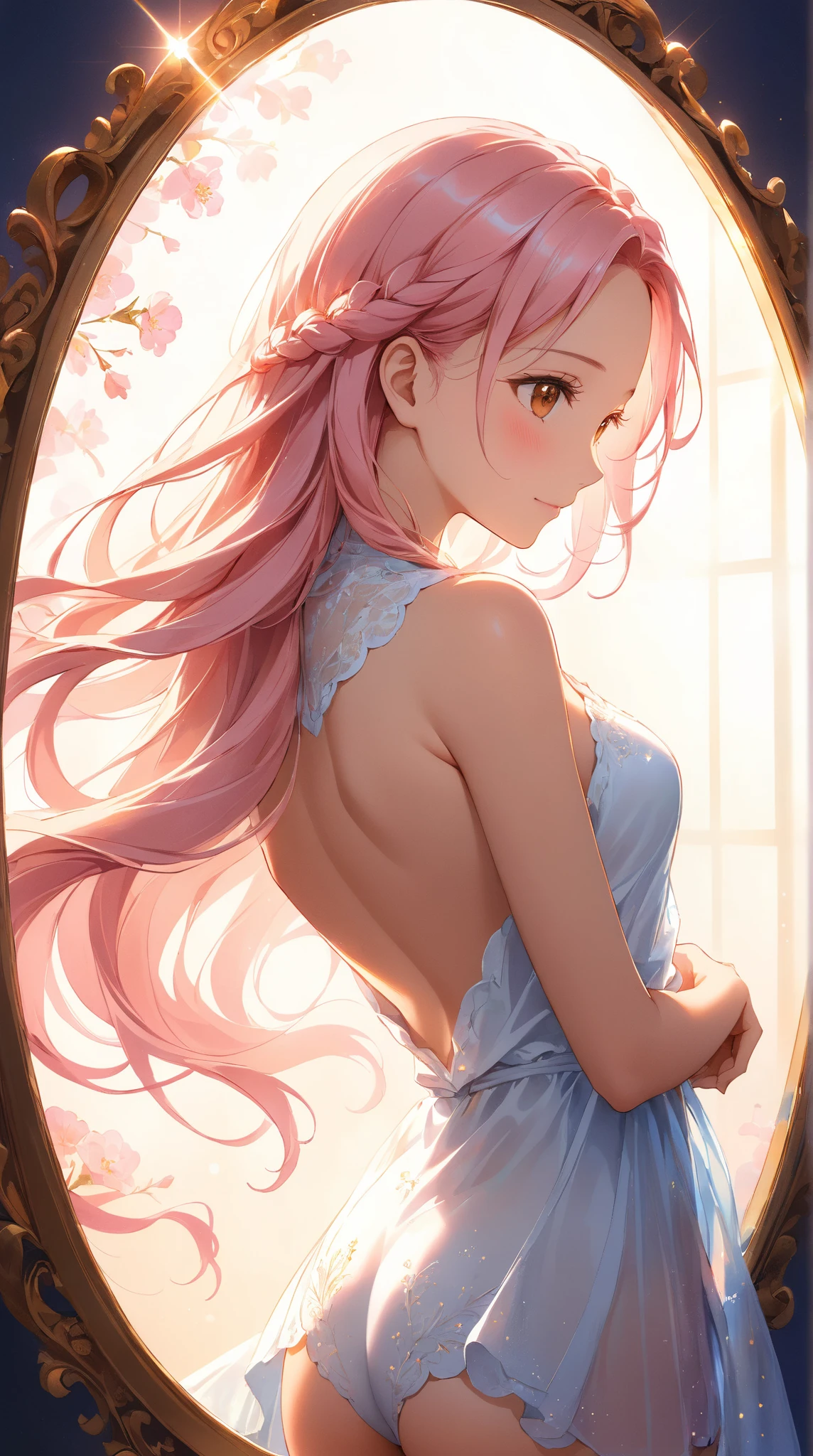 Anime illustrations in the style of "Kyoto Animation", Highest quality, (Cute: 1.1), (Cute), (High resolution: 1.2), Incredibly ridiculous: 1.3, incredibly fine illustrations, Break 1 Beautiful Girl、solo,Small horns、Princess eyes、Big eyes、oh、closed mouth、((camisole、Ruffled mini dress:1.5)),D Couple,chest cleavage:1.5、(Pink Kawaii Room),(Pink Gothic Room),(messy room, Marchen,ribbons,Small window, (Heterochromia, light blue eyes and light green eyes),Silhouette of the eyes of the stars、 solo, Standing Figure, Happy look, break ,Braids、Light pink hair、Semi-long hair、Red ribbon at the end of braids、Angle from the side、stick out ass、PC and coffee on the desk、Looking at the iPhone、office、I'm worried、Cute panties、Colorful string panties:1.5
