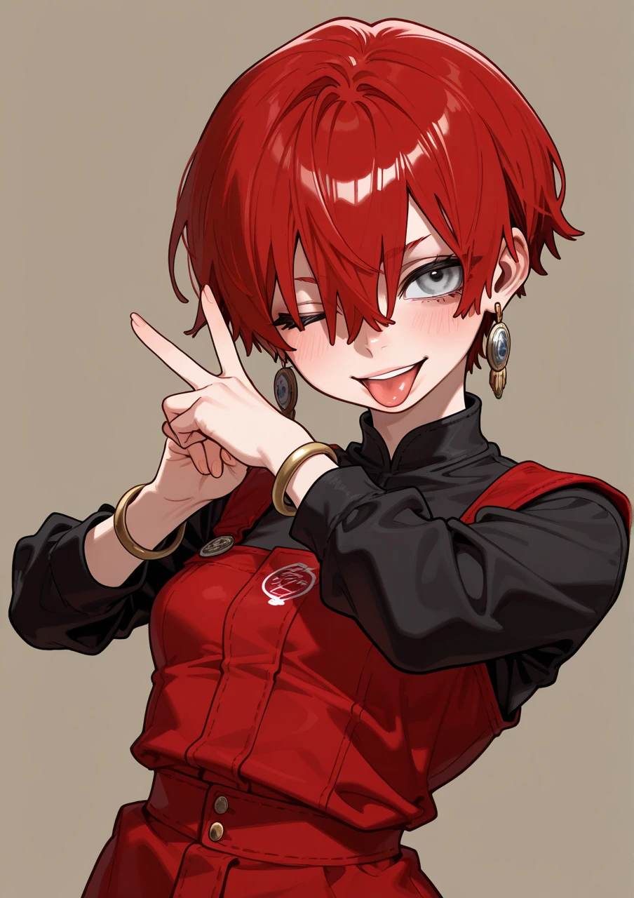 girl, 20-year-old, Redhead, Chiban, Red colored 目, Black suit, musical notes on the background, short hair, Close ~ eyes, smile, front, Upper Body
