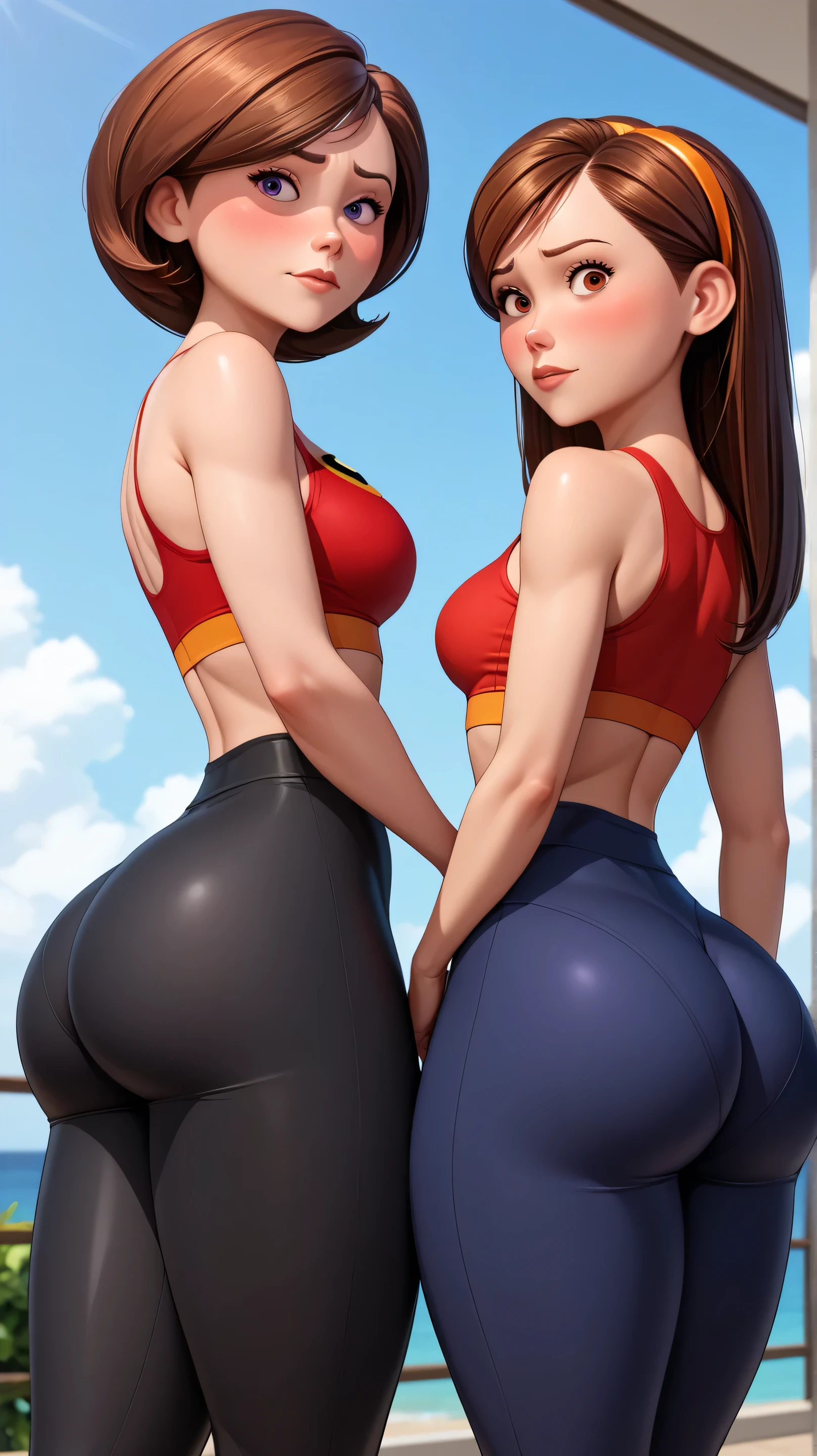 Score_9, Score_8_up, Score_7_up, Score_6_up, Score_5_up, Score_4_up, Source_anime, Tag1, Tag2, Quality_masterpiece, Anatomically correct, Beautiful face, Perfect face, Highly detailed beautiful face and eyes, Attractive face, Detailed face, Delicate facial features, Detailed skin, Helen parr, small breasts, Wide hips, big ass, round butt, Gargantuan butt, Thick toned thighs, milf, motherly, Seductive, Embarrassed, Shy, Blush lines, Seductive, closed lips, front view of the body, Detailed Extremely Elegant Glamour, Wearing incredibles uniform, sports bra, red spandex shorts, black leggings, accentuating her ass perfectly, hair covering one eye, Detailed beautiful and gorgeous light brown coloured eyes, Detailed beautiful and lovely face, from front, height:5'11", weight:56 kgs, BREAK Helen with her daughter violet, violet parr, 2girls, 2women, (Violet parr, long hair, headband), incredibles logo on shorts, Helen parr has short hair, Helen is 5'11", Violet is 5'6",