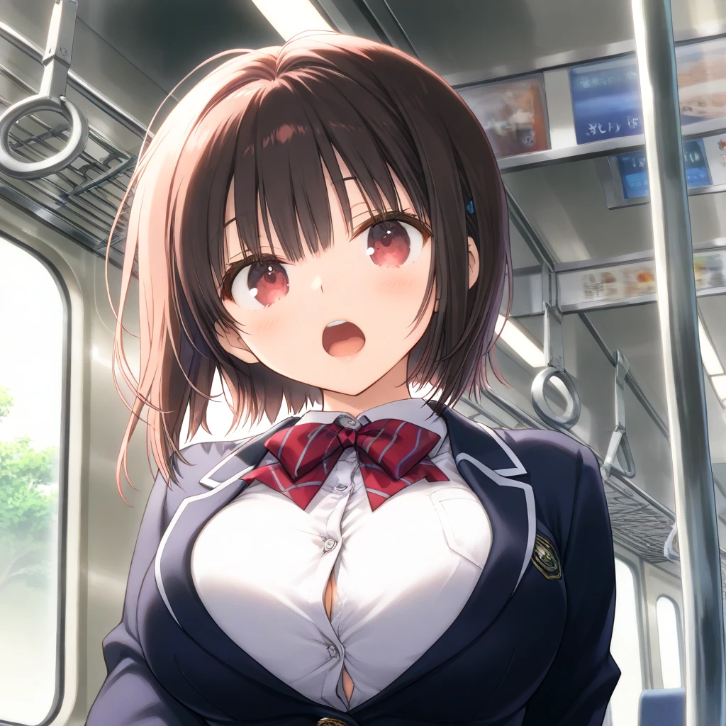 Perfect Face,(Narrow breasts:1.3),Big Breasts, big ,((Round Breasts)),(Full Bust:1.5),(thin:1.3),Hair behind the ear,, School jacket,School Miniskirt,Black bra,Cleavage,Showing off your bra,breathe,Sweat,Wet,Grin,Red nose, anger,I was annoyed.,in the train,upset,1 Girl,From above,((1 boy)),(A boy is grabbing a girl&#39;s breasts from behind:1.4),(((Grab your chest))),(彼女のGrab your chest:1.2)