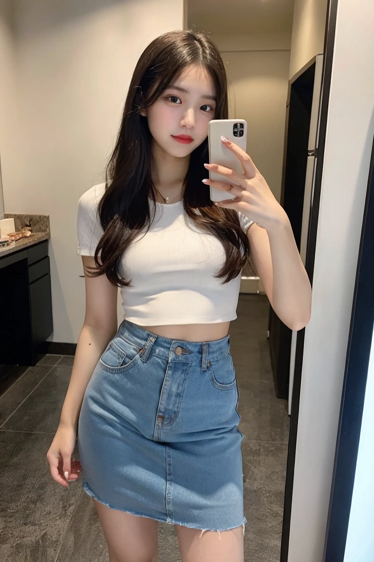 A full-length selfie photo of a medium-sized black-haired girl with a good body and thin body, who is wearing a white top and jeans skirt and looks directly at the camera and is at home.