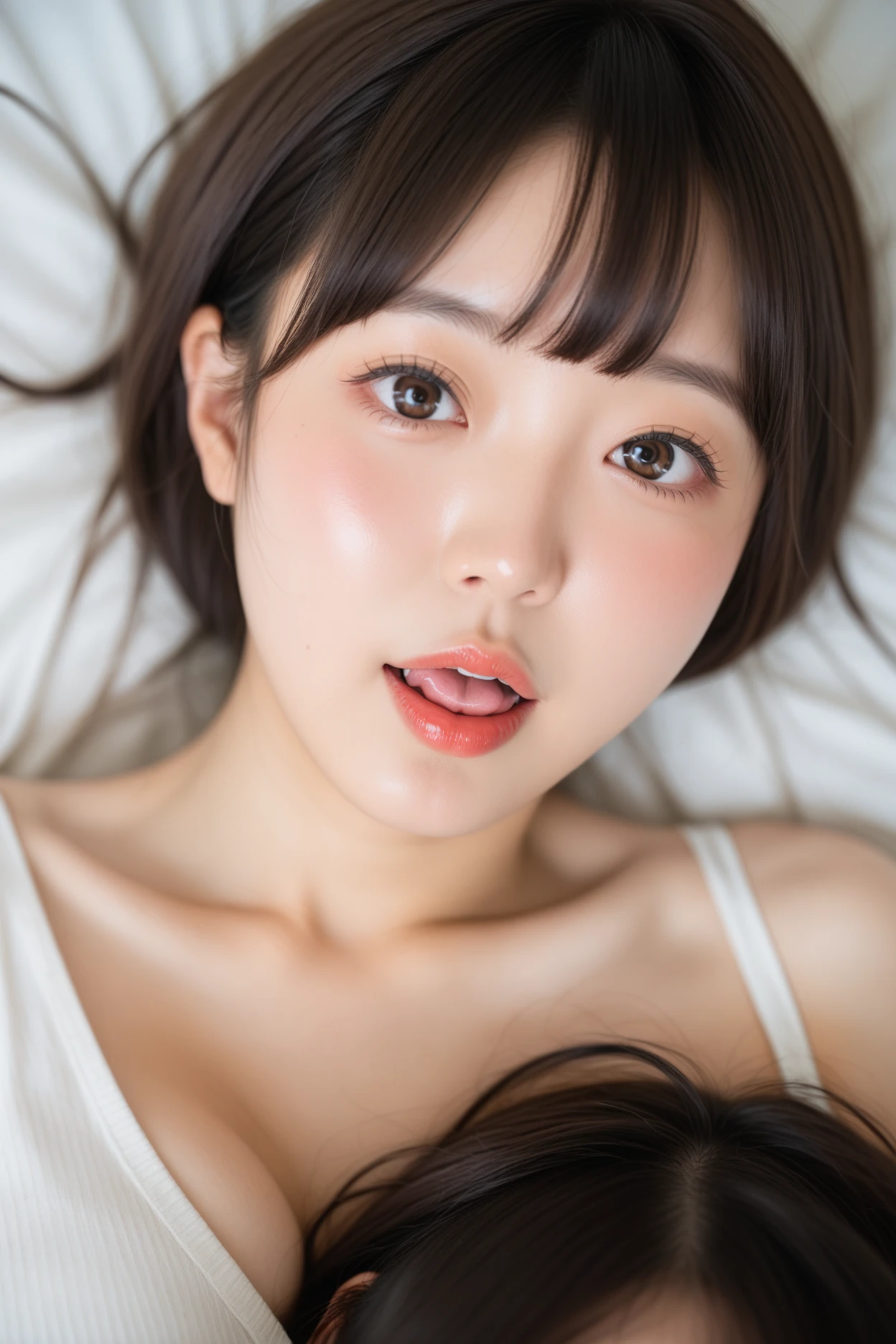 highest quality、masterpiece、girl 1、Super detailed brown hair、blunt bangs Ahegao、stick out tongue、Drool、salivate、saliva、Drool、Drooling SEX in、play sex、sex、Sprinkle sperm、large amount of sperm、drenched in sperm、intense sex face is close、Facial Close-up pillow、bed in