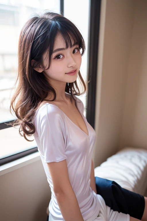 product quality, 1 girl per 1 photo, cowboy shot, front view, a Japanese young pretty girl, long bob hair, wearing a marriage ring, wearing a short sleeves long length T-shirt with a graphic printed, wearing white silk panties, standing in front of her closet with a big smile in her room, hyper cute face, glossy lips, double eyelids for both eyes, natural makeup, shiny smooth light brown hair of long bob hair, asymmetrical bangs, tanned skin, central image, 8K resolution, high detail, detailed hairstyle, detailed face, cinematic lighting, octane rendering, hyper realistic, perfect limbs, perfect anatomy