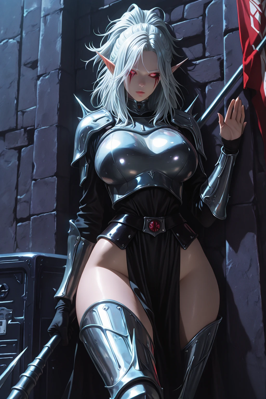 gwen tennyson,yorha 2b,tracer,y'shtola rhul,solo girl,overwatch,atelier ryza,close up,valley view,tattoos,scarlet and white plugsuit,white short sleeve knight top,full plate knight armor,long knight skirt,steel knight corset,long curly hair,princess makeup,green eyes,multicolored silver hair,long dress train,sexy smile, freckles,beautiful girl,knight thigh high boots,large breasts,8k,ultra detailed,realistic,fantasy art,silver knight uniform,queen gown dress,ear piercings,snowflake hand and neck jewelry,(weather:windy),long scarlet knight coat,magic castle,silver hair pin, leaning on a sword pose,long sword,